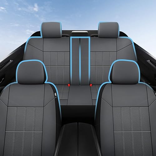 Miniatura 8 de Juego completo de fundas de asiento de automóvil de piel sintética, fundas de asiento delantero y fundas de asiento trasero divididas para