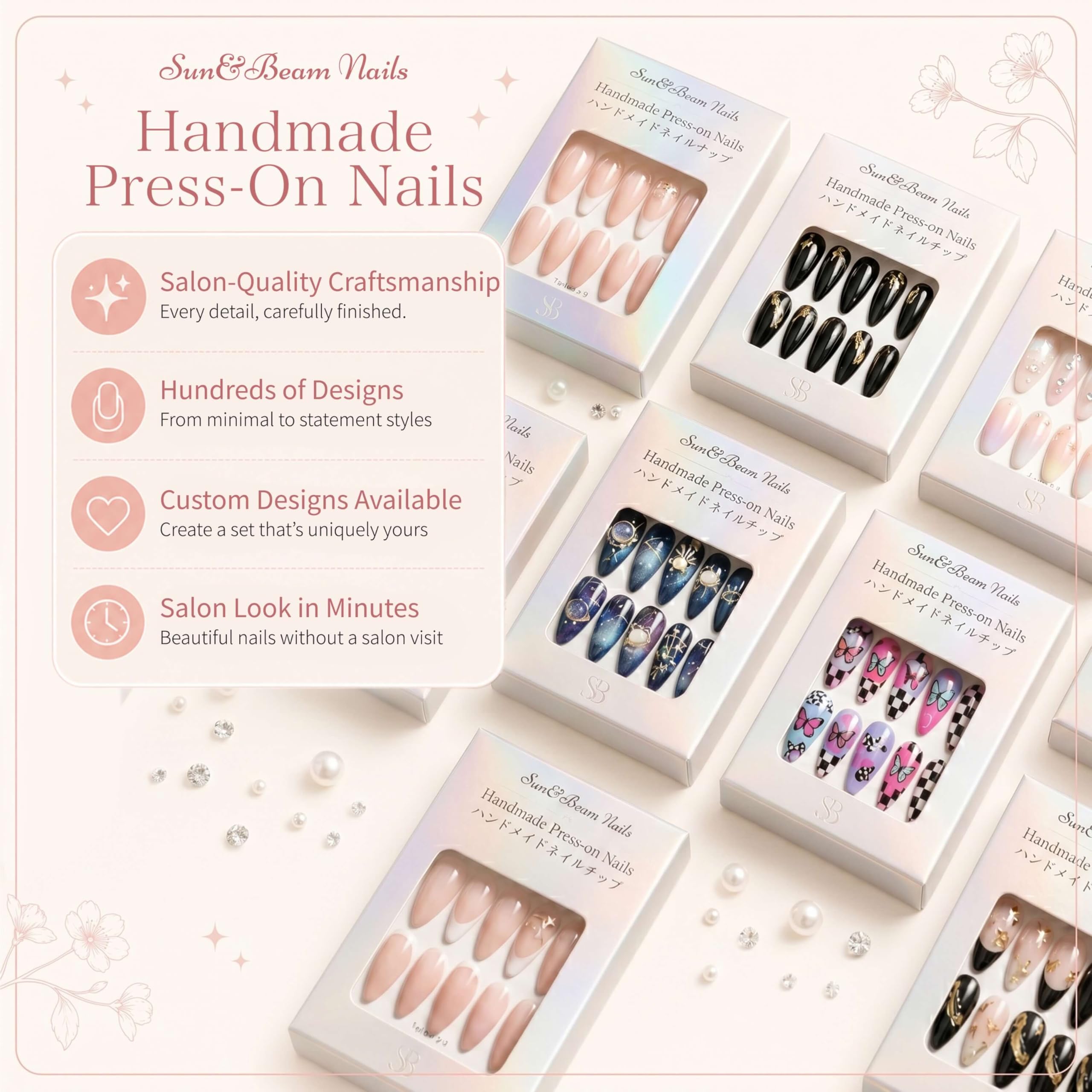 Sun&Beam Nails Handmade Press On Nails Short Square Nude Pink Blue Floral Glossy 10 Pieces Easy At Home Manicure for Everyday Wear (#013 XS) — view 7