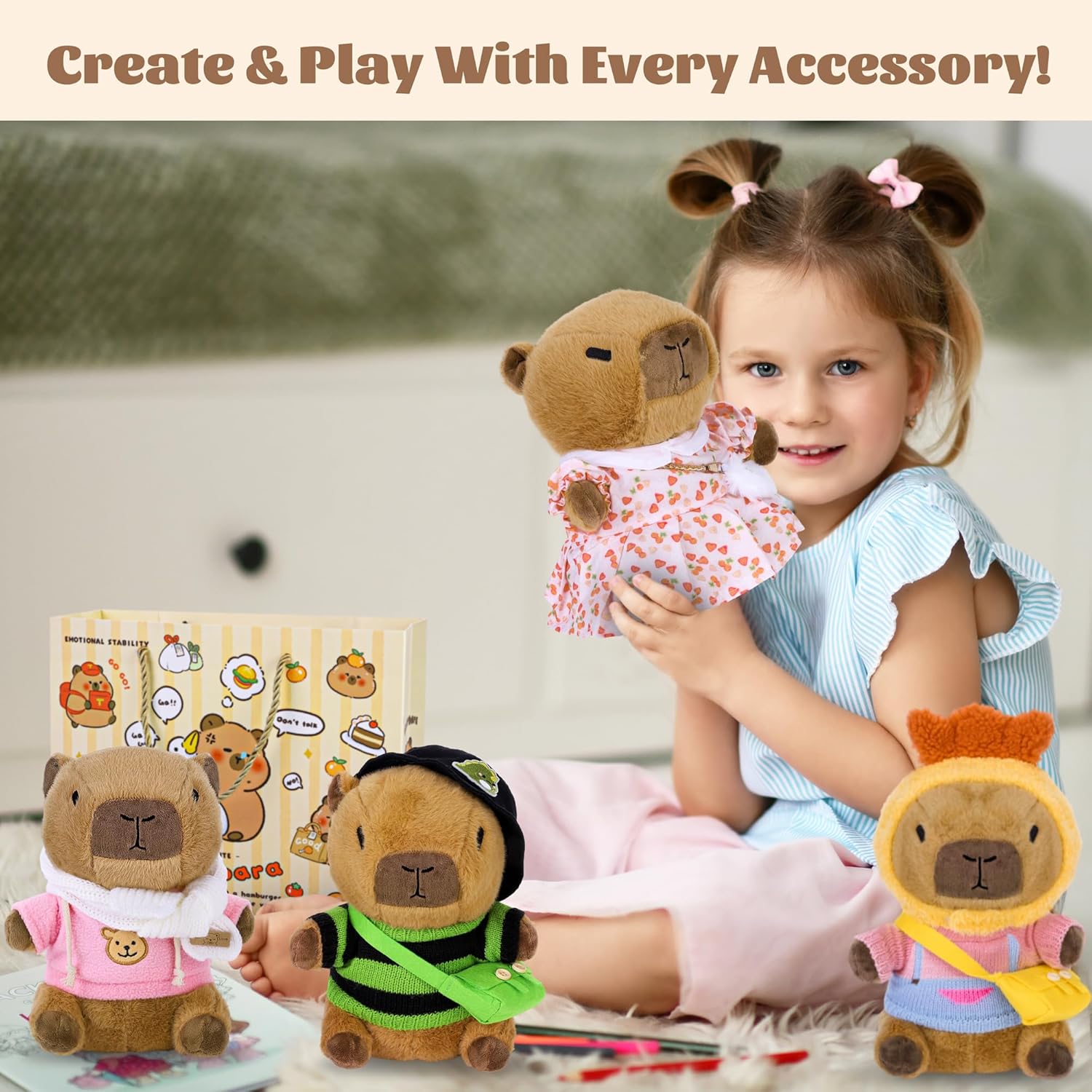 Elcoho 12 Pieces Capybara Plush with Clothes & Accessories and Gift Bag 10 inch Capybara Stuffed Animal Dress Up Dolls Plushies Birthday Gifts, Daily Cute