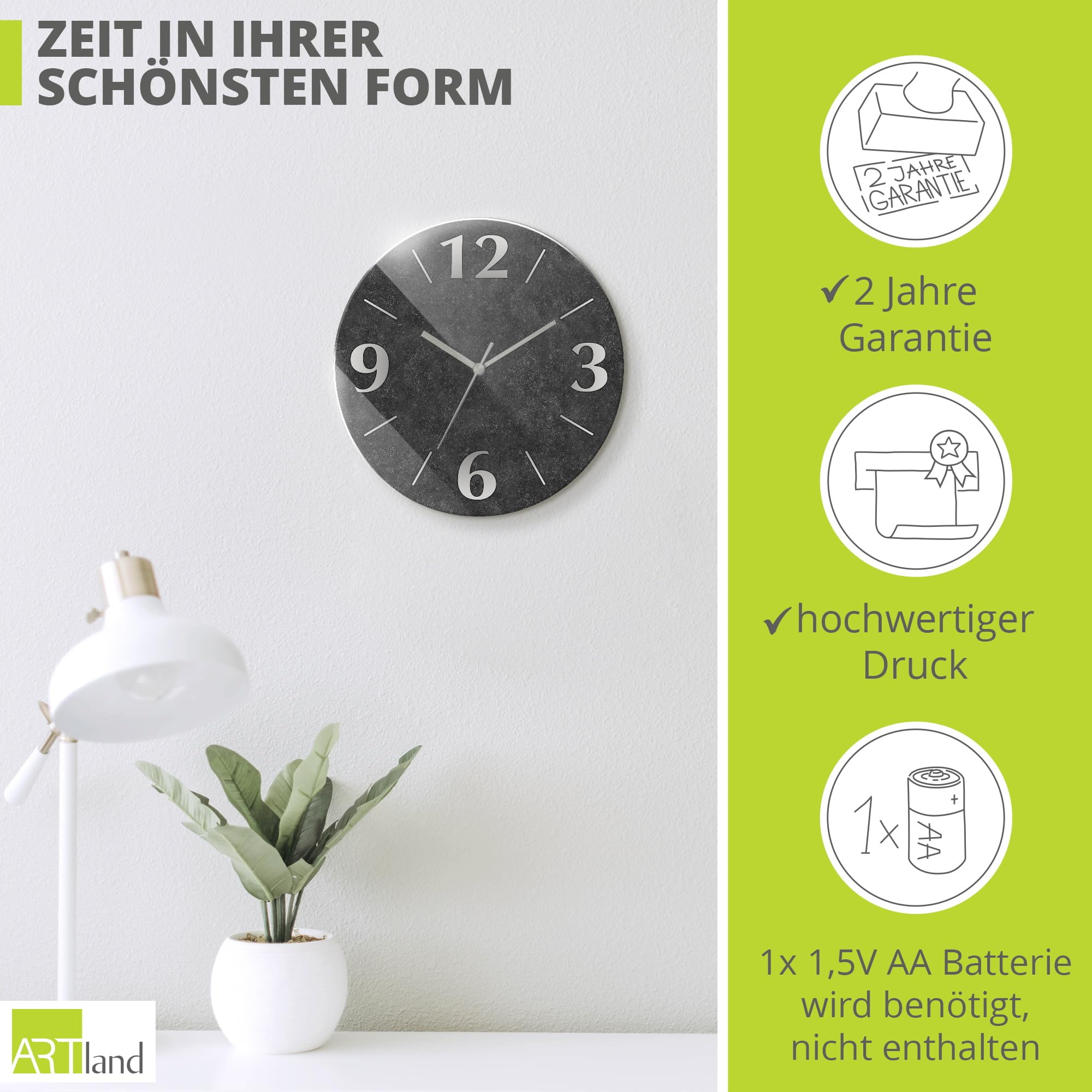 ARTLAND Wanddeko Wanduhr ohne Tickgeräusche aus Glas Funkuhr Ø 30 cm Rund Lautlos Ø 30 cm Granitoptik Gesteinoptik Anthrazit J4XM