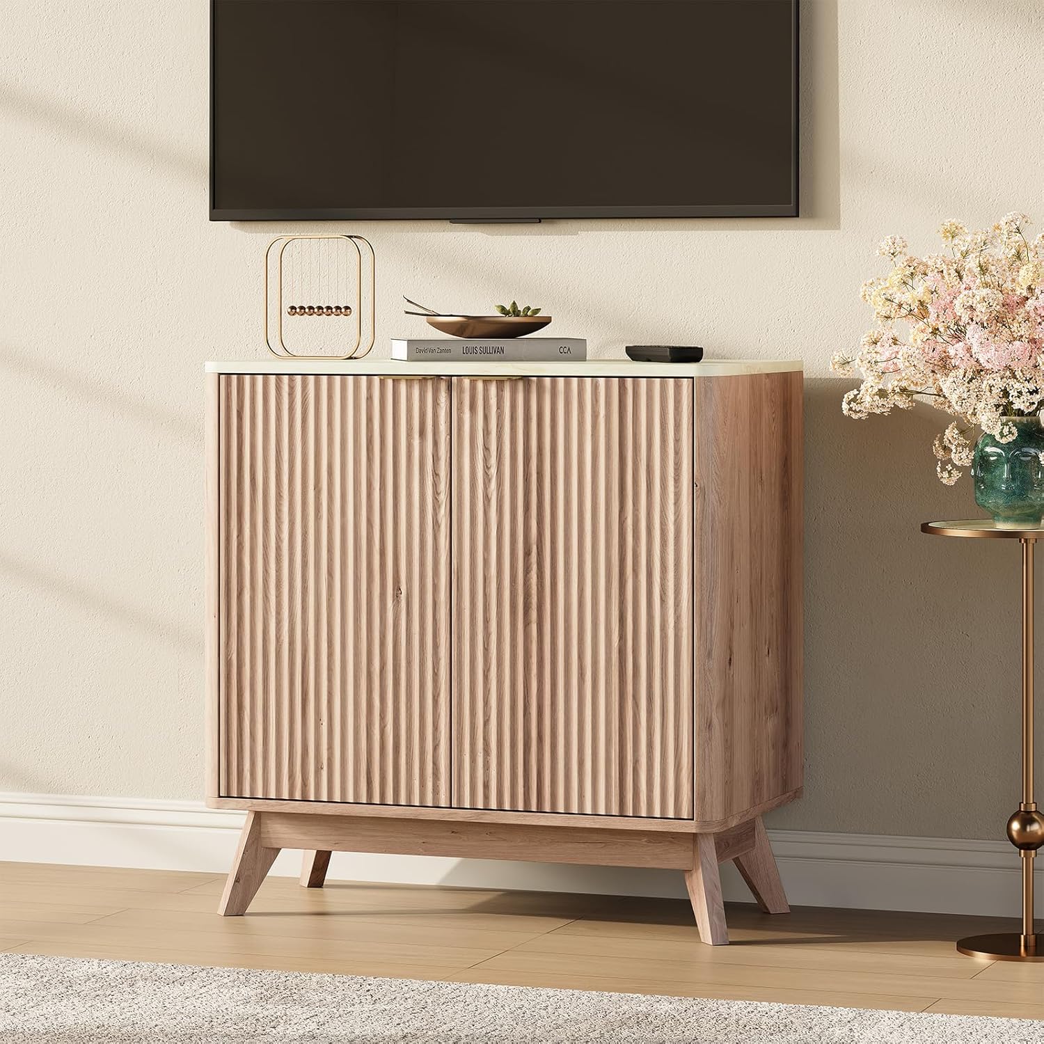 29'' Sideboard Buffet Cabinet with Storage, Fluted Cabinet with Rounded Corners, Modern Buffet Table Accent with 2 Doors for Coffee Bar, Console Table,Oak