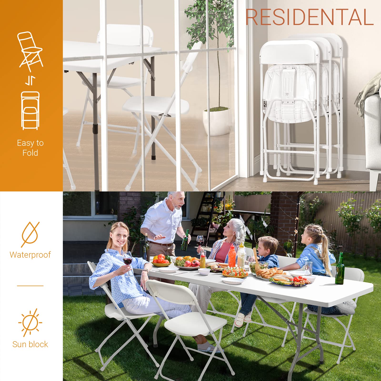 Bonnlo Lot de 10 chaises pliantes - Pour mariage, jardin, intérieur et extérieur - Empilables - En métal et plastique - Jusqu'à 158 kg - Blanc