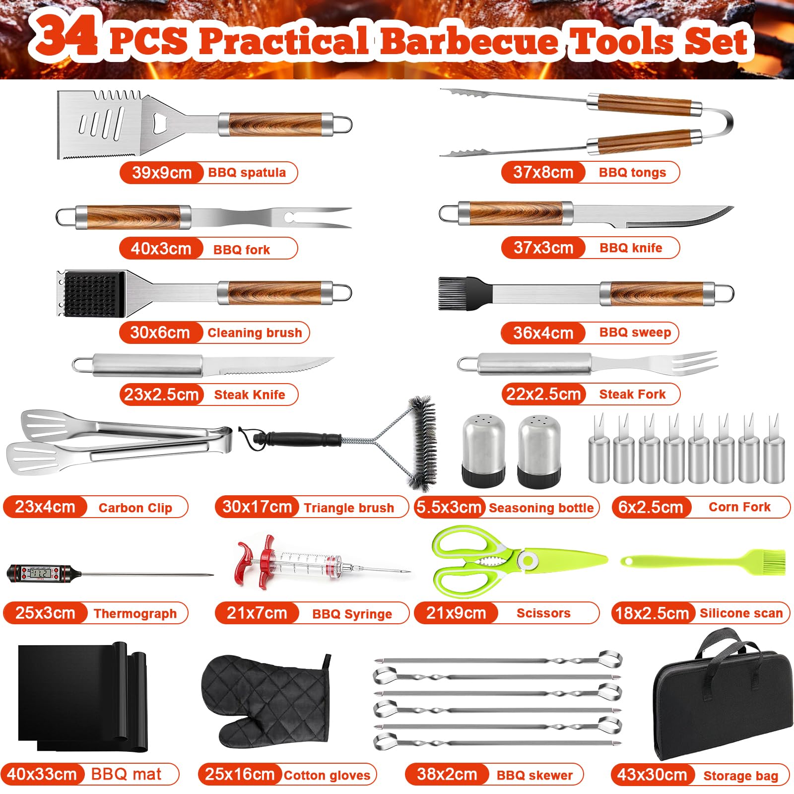 Kit Barbecue 34 Pièces, Ustensiles en Acier Inoxydable, avec Sac de Rangement et Tapis de Cuisson