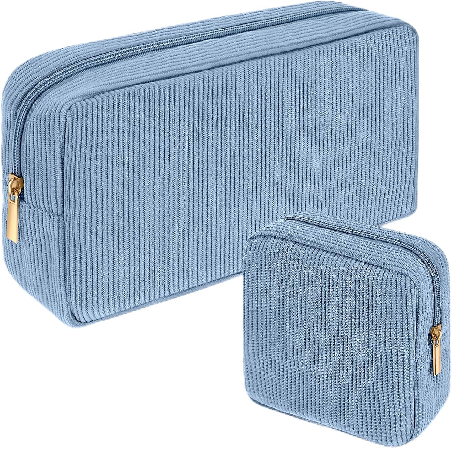 Sanwuta 2 Pack Small Corduroy Makeup Bag Set Cosmetic Toiletry, Misty Blue