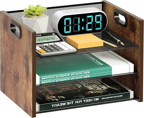 LMZAPET Organizador de escritorio de madera, organizador de escritorio de 3 niveles con asa, organizador de archivos de malla para bandeja de cartas disponible en Yaxa Venezuela