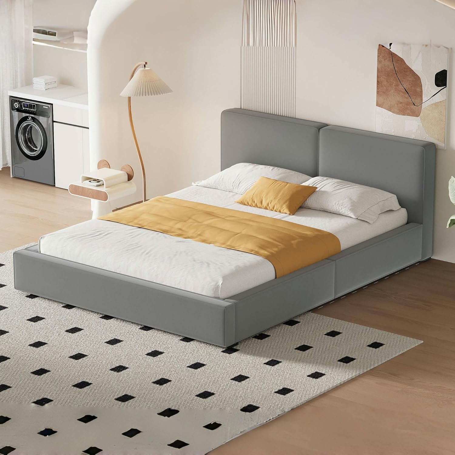 Merax Queen Size Upholstered Platform Bed with Velvet Fabric, Grounded with Solid Frame, Gray