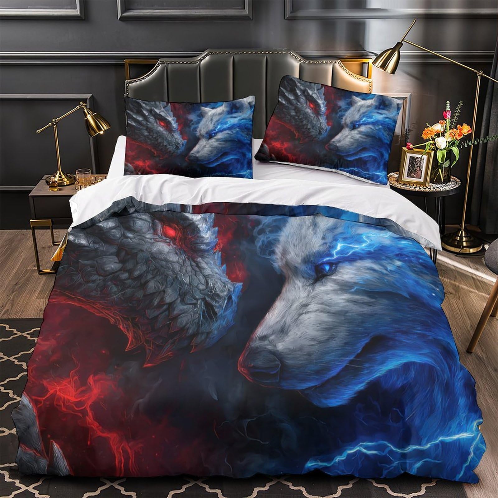 Housse de couette fantastique hypoallergénique ultra douce dragon loup