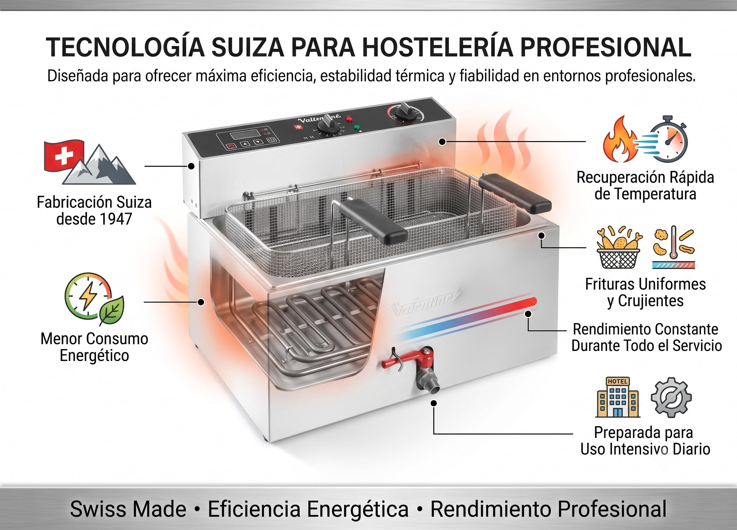 Freidora Industrial 14 Litros Swiss Made | Freidora de Aceite Profesional para Hostelería en Acero Inoxidable con Zona Fría y Alto Rendimiento