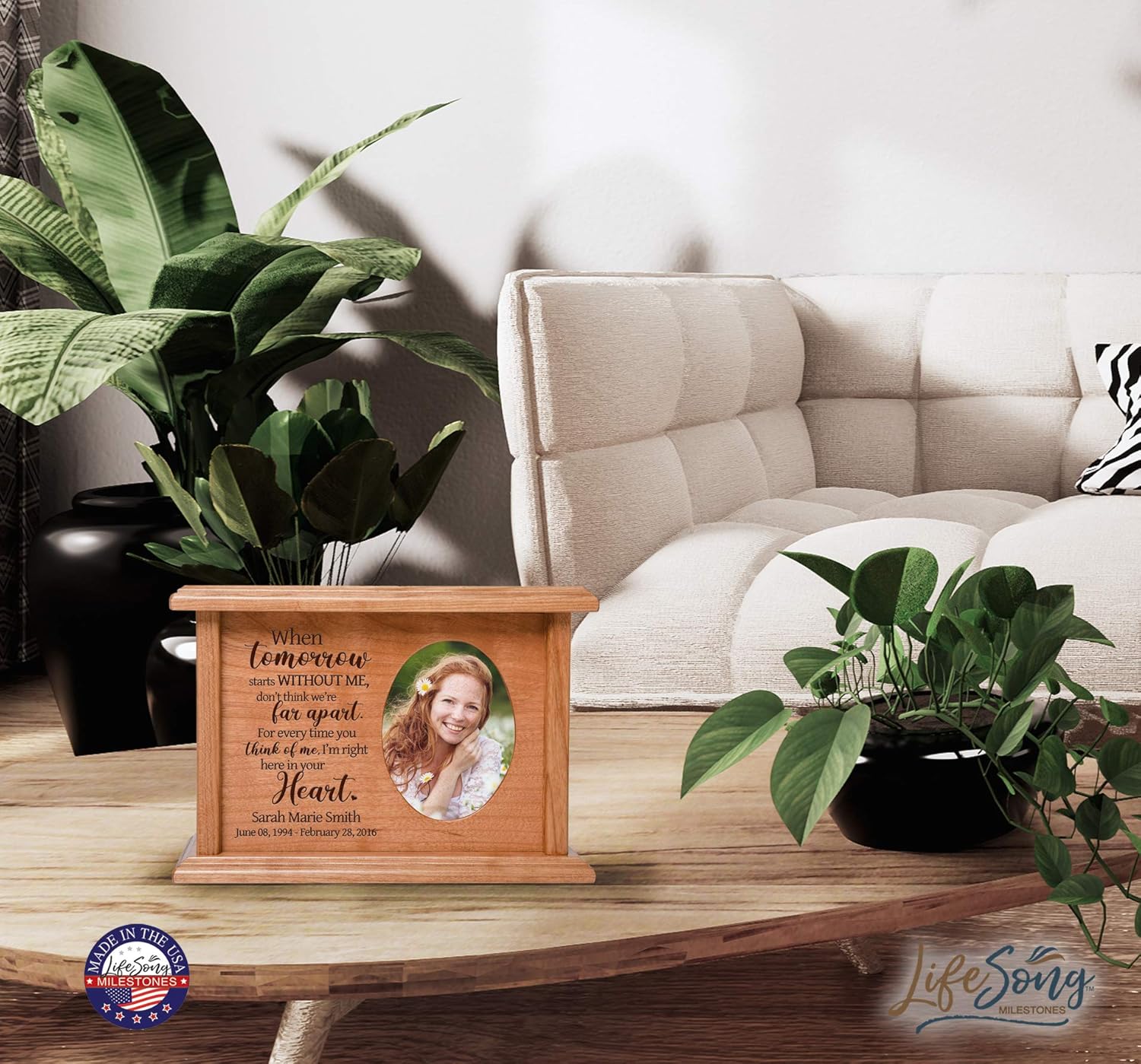 LifeSong Milestones Personalized Cremation Urn for Human Ashes, Cherry Wooden Memorial Box, Adult Photo Urn, 2x3 Picture Display, 8.75 x 4 x 6.25 in