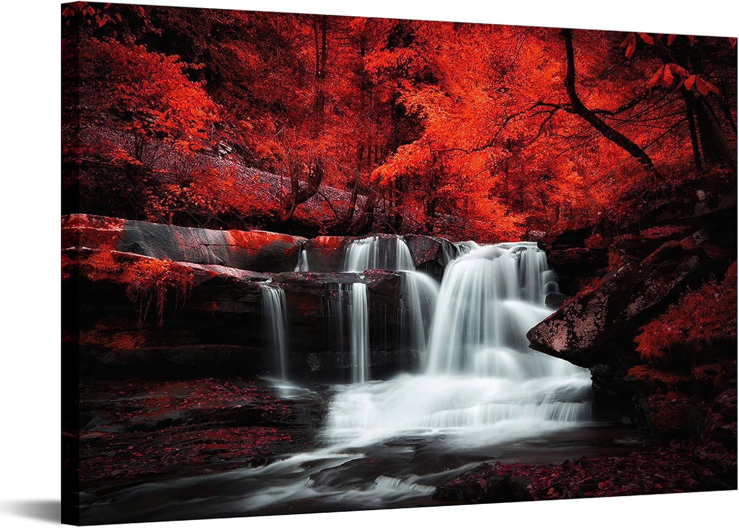 Conipit Black White and Red Wall Art Red Tree Waterfall Picture Canvas Landscape Print Artwork for Living Room Autumn Red Forest Water Wall Decor Painting Framed Ready to Hang 24x36 Inch
