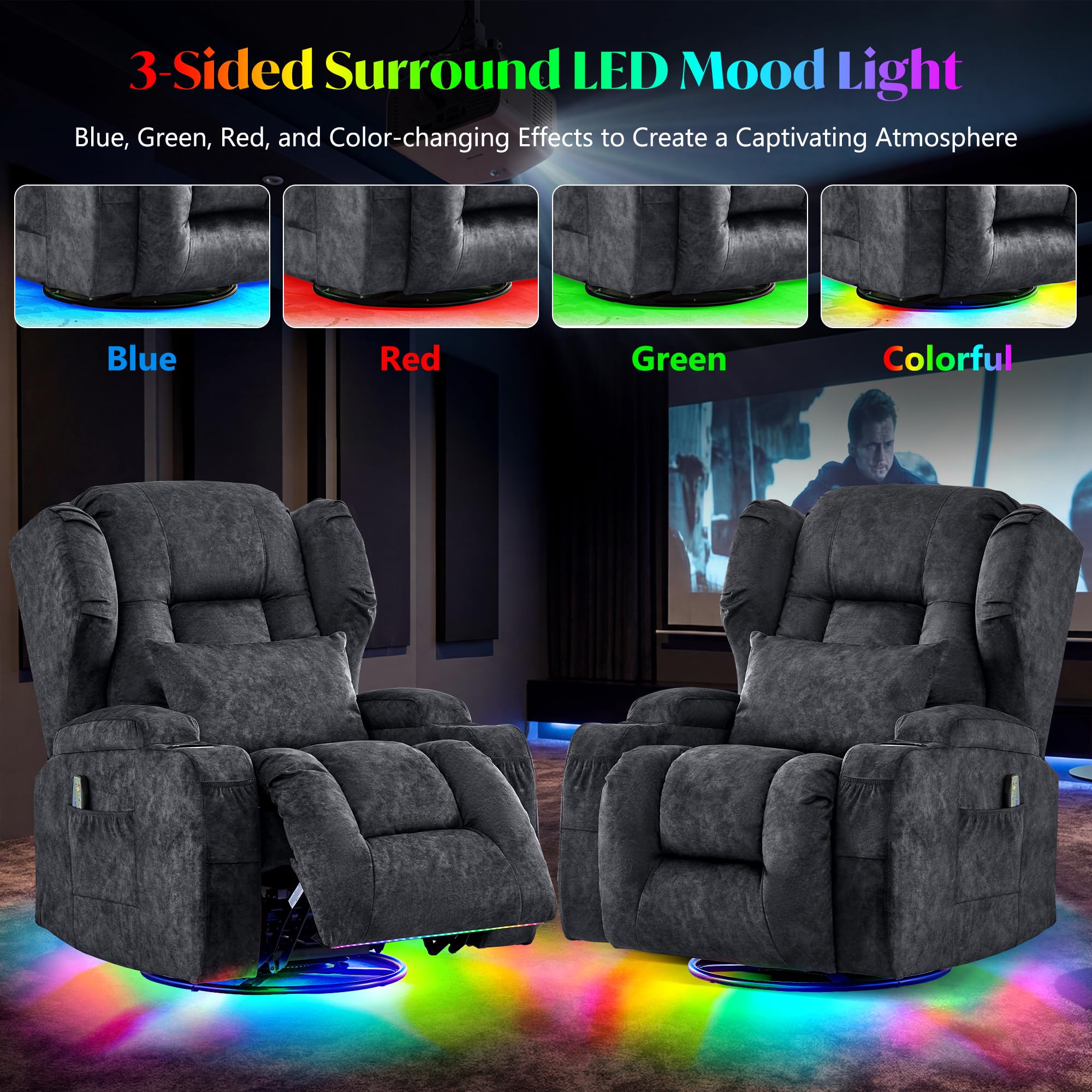 SAMERY Doppelmotor Fernsehsessel Elektrisch Verstellbar, Samt Relaxsessel mit Liegefunktion, 240° Drehbar, 30° Wippbar, Massage Heizung, USB/USB-C/LED – Kinosessel TV Sessel Sofa Chair für Wohnzimme