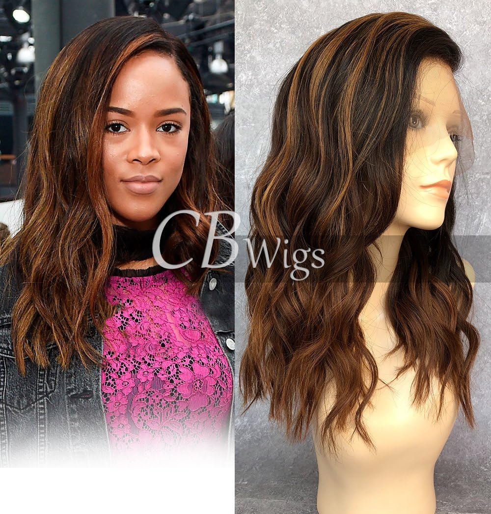 Cbwigs Glueless Ombre Brown Natural Wavy Brazilian Remy Human Hair Lace Front Wig with Baby Hair for Black Women 4.5 inch Deep Parting Shoulder Length Wave Wigs 150% Density (16 inch)