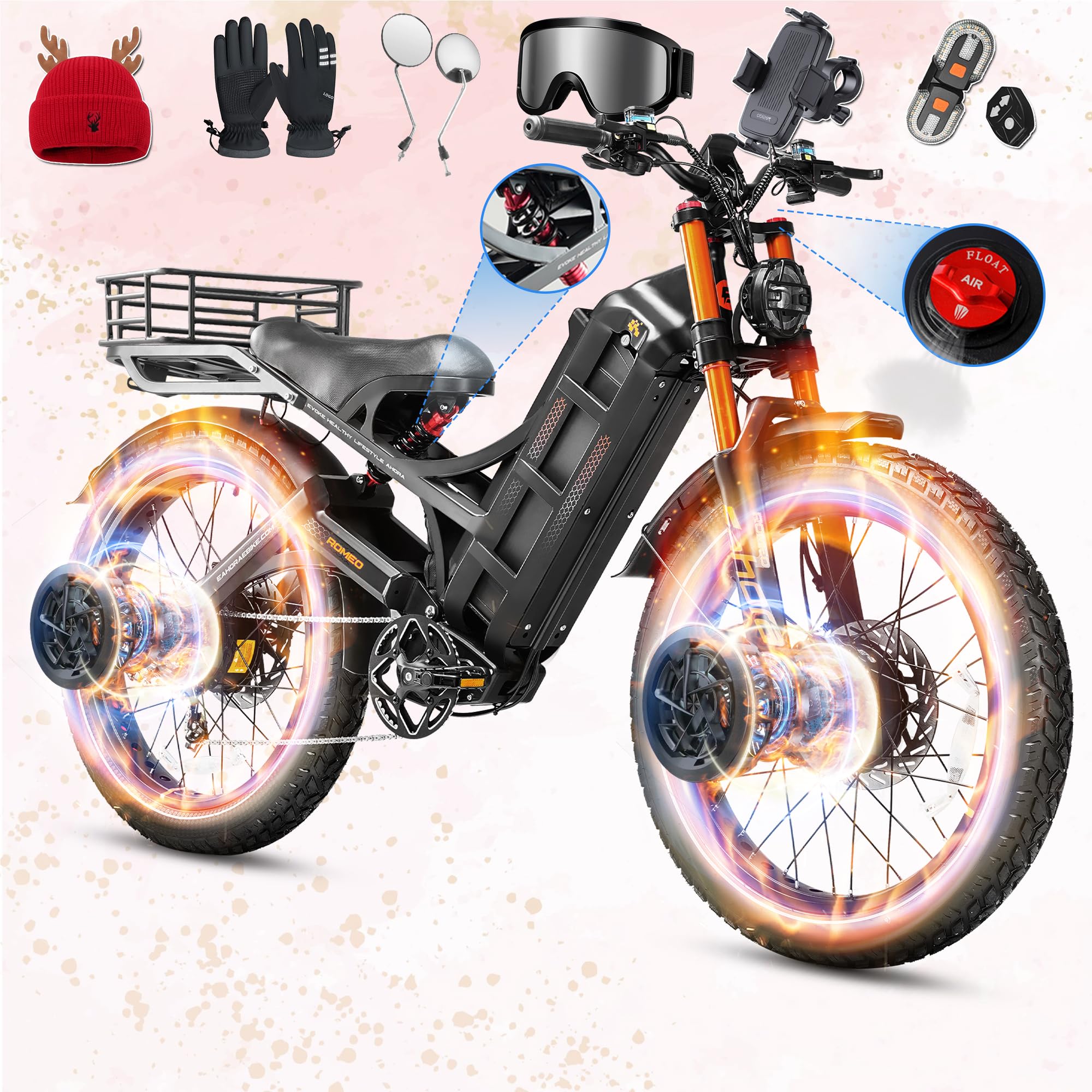 eAhora 2025 Romeo Pro 3/2 50-46Mph Electric Bike for Adults 5600W/4000W/2500W Dual Motor Ebike 60V/80Ah 52V/70Ah Long Range Fat Tire Full Suspension Electric Mountain Bicycle