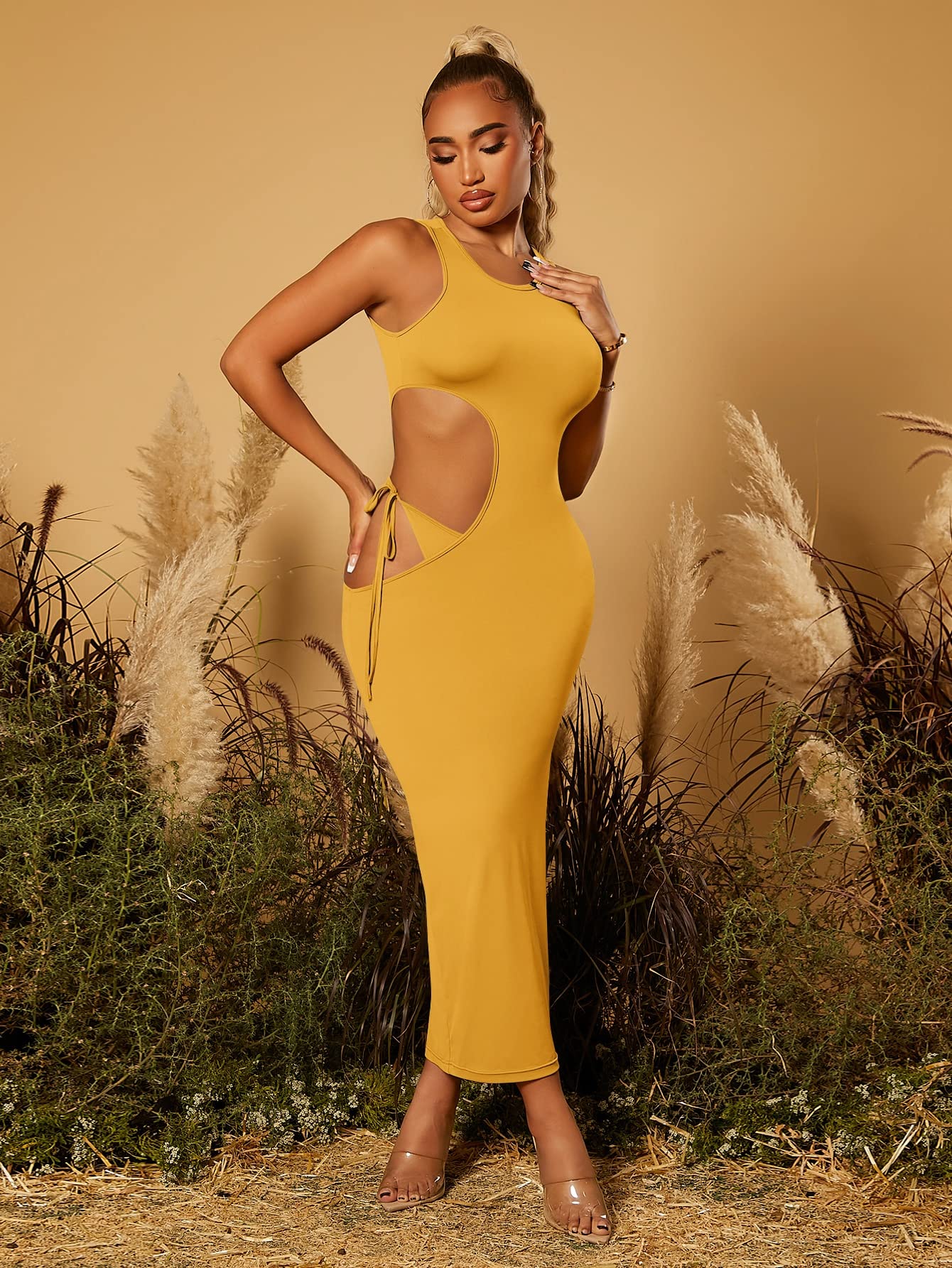 Neeno Women's Dresses Solid Cut Out Bodycon Dress Dress for Women (Color : Mustard Yellow, Size : Large) : Clothing, Shoes & Jewelry