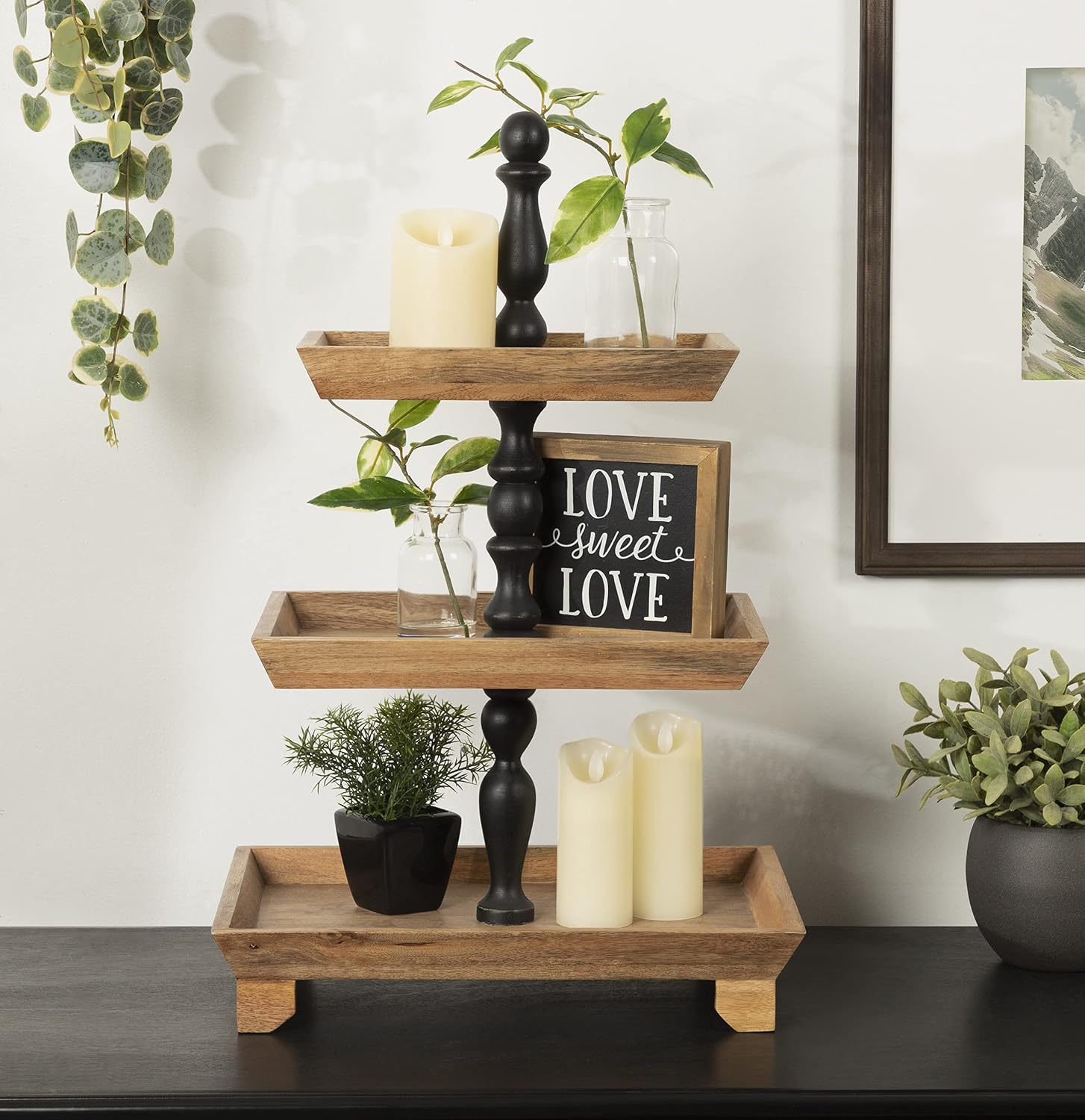 Kate and Laurel Bess Farmhouse 3 Tier Tray, 16 x 12 x 26, Natural Wood and Black, Decorative Multi-Tiered Tray for Storage and Display