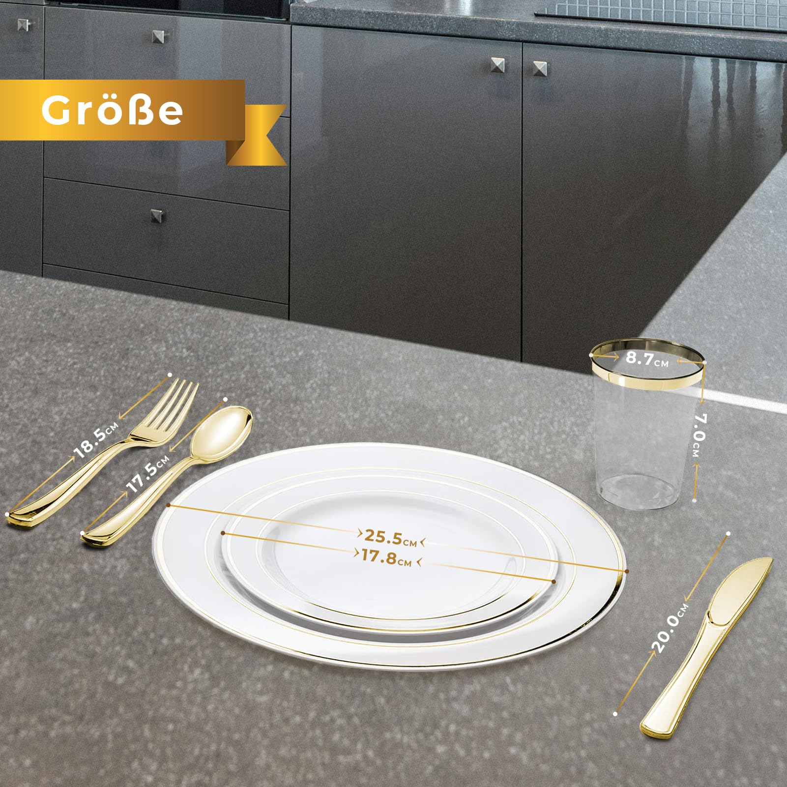 150 Stück wiederverwendbares goldfarbenes Kunststoff-Set, 25 flache Teller, 25 Salatteller, 25 Messer, 25 Gabeln, 25 Löffel, 25 Tassen, für Hochzeit, Garten, Party