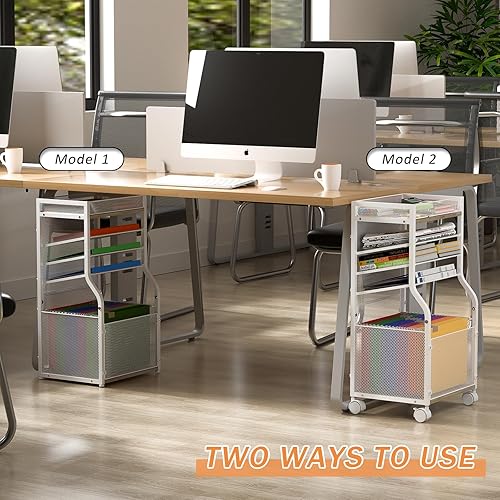 Miniatura 10 de Carro de archivos rodante de 5 niveles con carpetas de archivos colgantes, organizador de archivos de escritorio móvil en ruedas con cerradura,