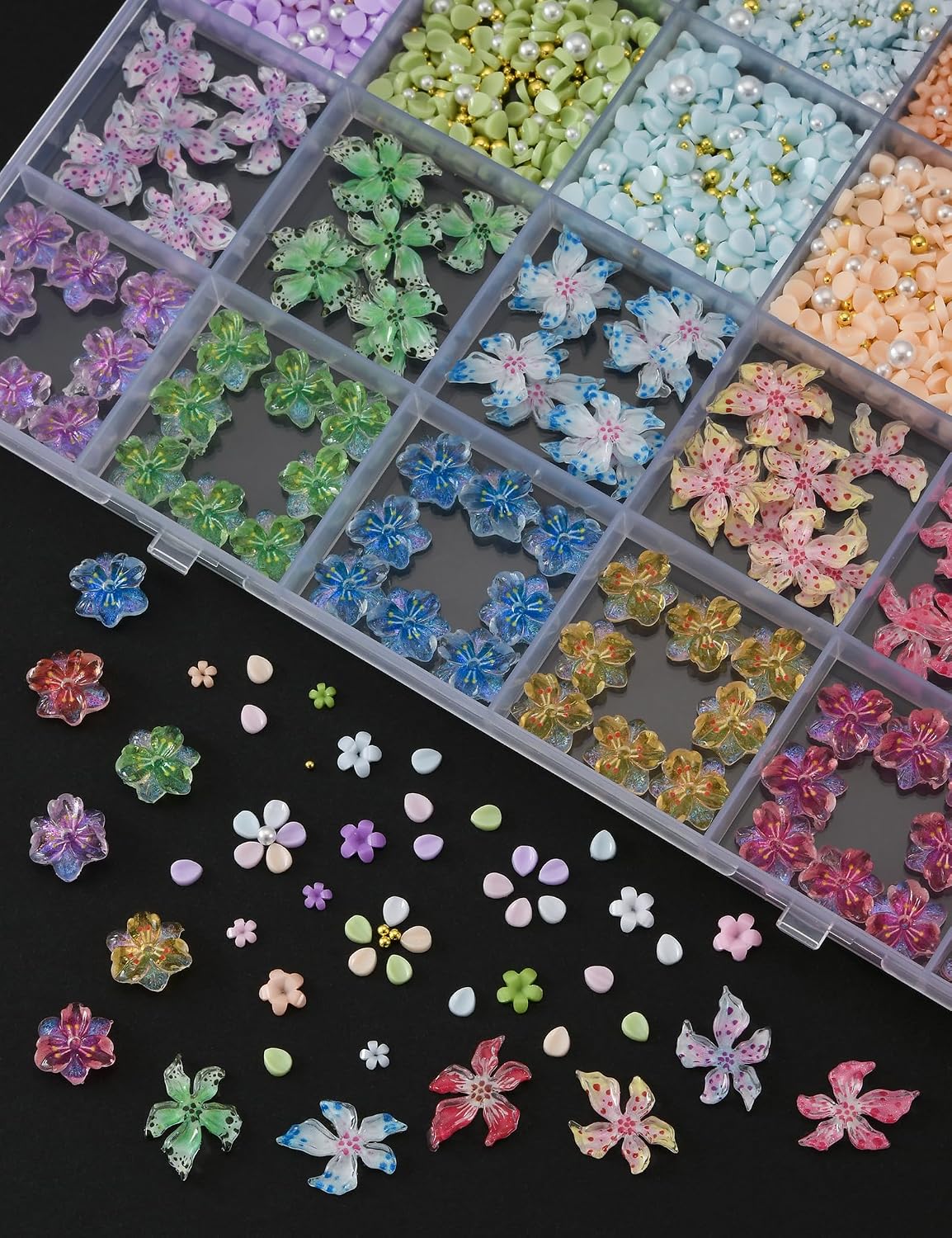 3000 Pcs 3D Flower Nail Charms and Gems 24 Grid Charms for Nails Design Colorful Nail Art Charms 4 Styles of Big and Small Flowers are Suitable for Spring and Summer