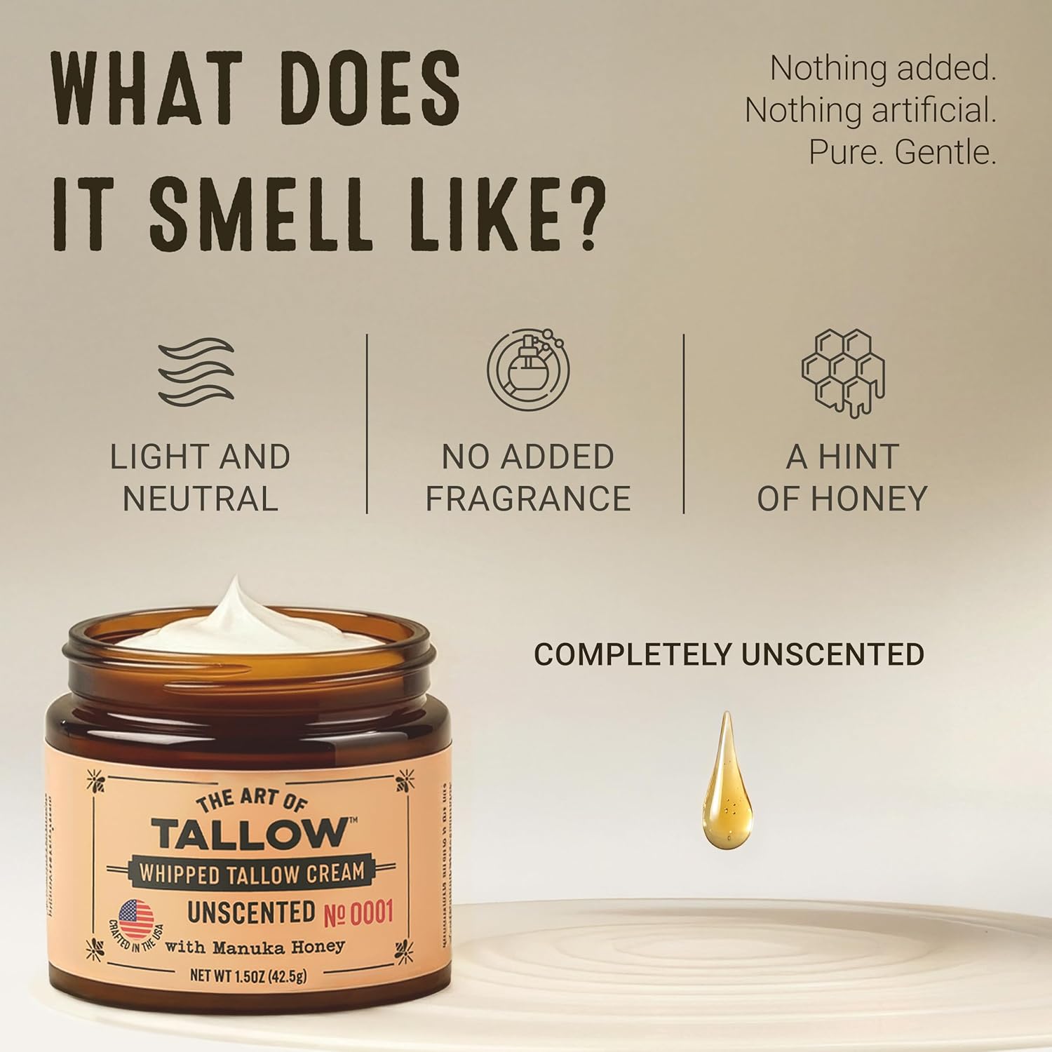 100% Grass Fed & Finished Beef Tallow for Skin – Unscented Whipped Tallow Moisturizer (1.5 oz) with Manuka Honey & Organic Jojoba Oil – Made in USA