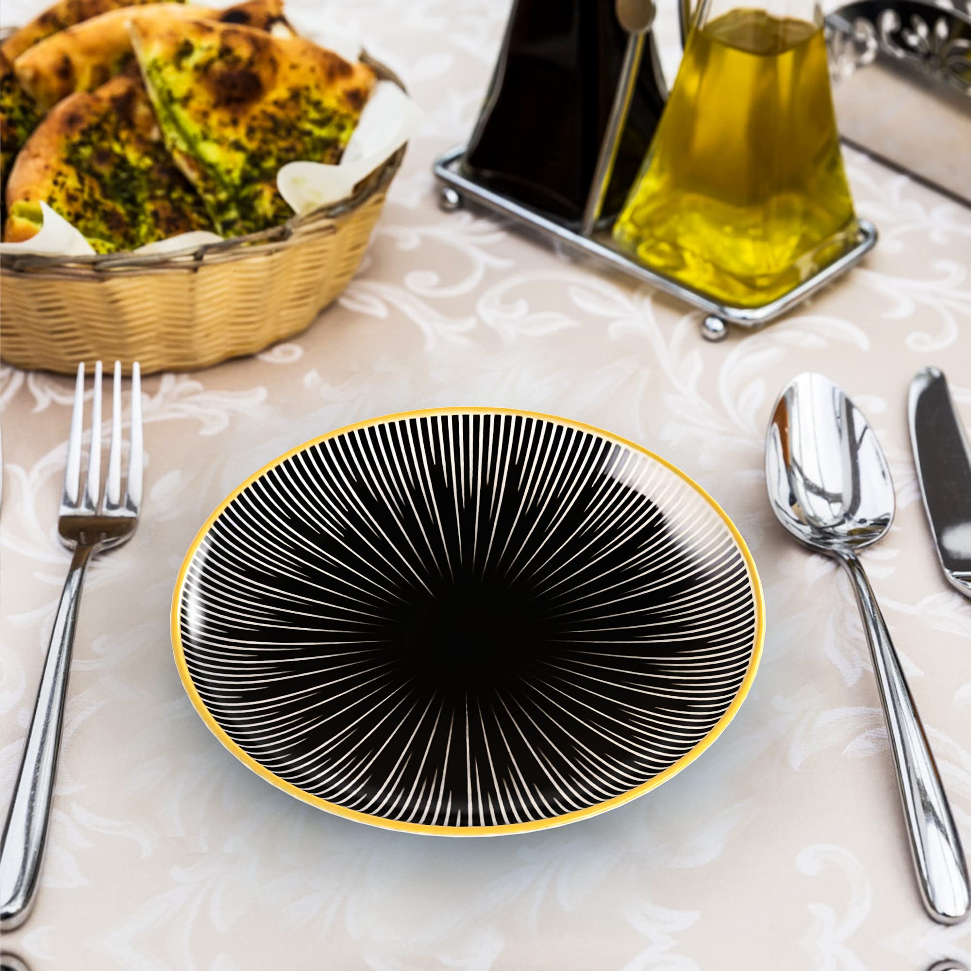 INTIRILIFE 4x piatti in porcellana in a Strisce - Nero Bianco con Nero - Diametro 20.5 cm - Piatto da colazione, piatto da dessert, piatto da portata per insalata, frutta, pasta, dessert e snack