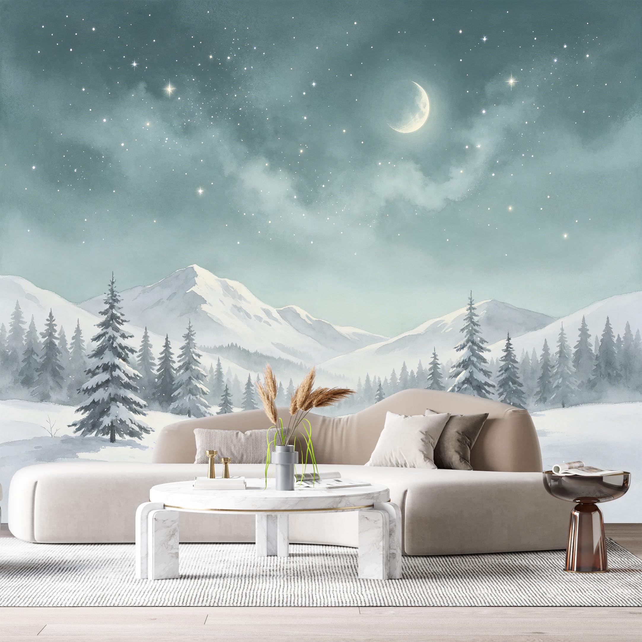Custom Size Wall Murals Night Mountain Landscape Watercolor Pine Trees Starry Sky SelfAdhesiveWall Fabric Removable Wallpaper Wall Decor for Living Room Bedroom Bathroom