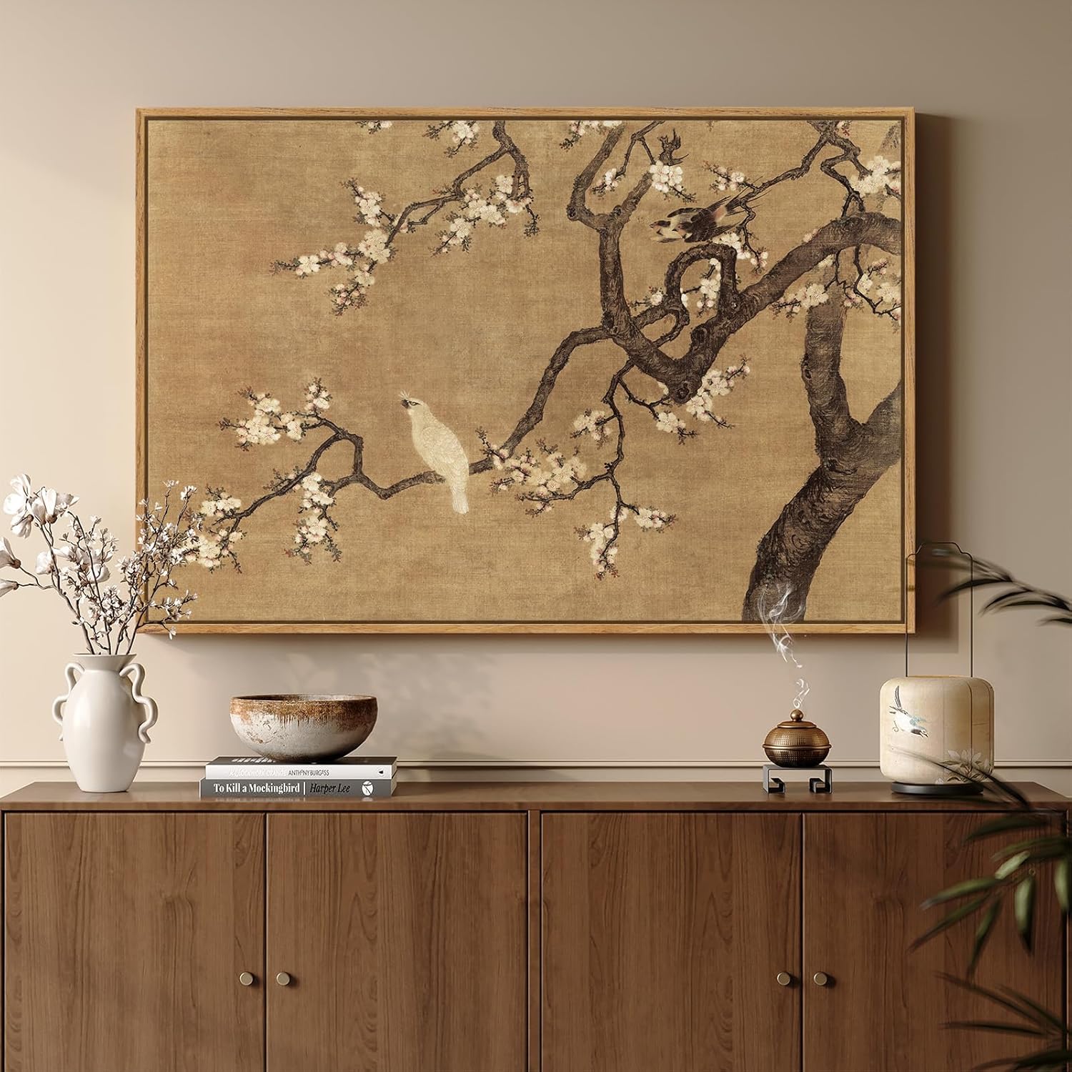 Framed Vintage Floral Bird Zen Wall Art, Neutral Asian Plum Blossom Branch Flower Birds Canvas, Minimalist Classic Oriental Calming Painting Prints for Living Room Bedroom Chinese Wall Decor, 36x24