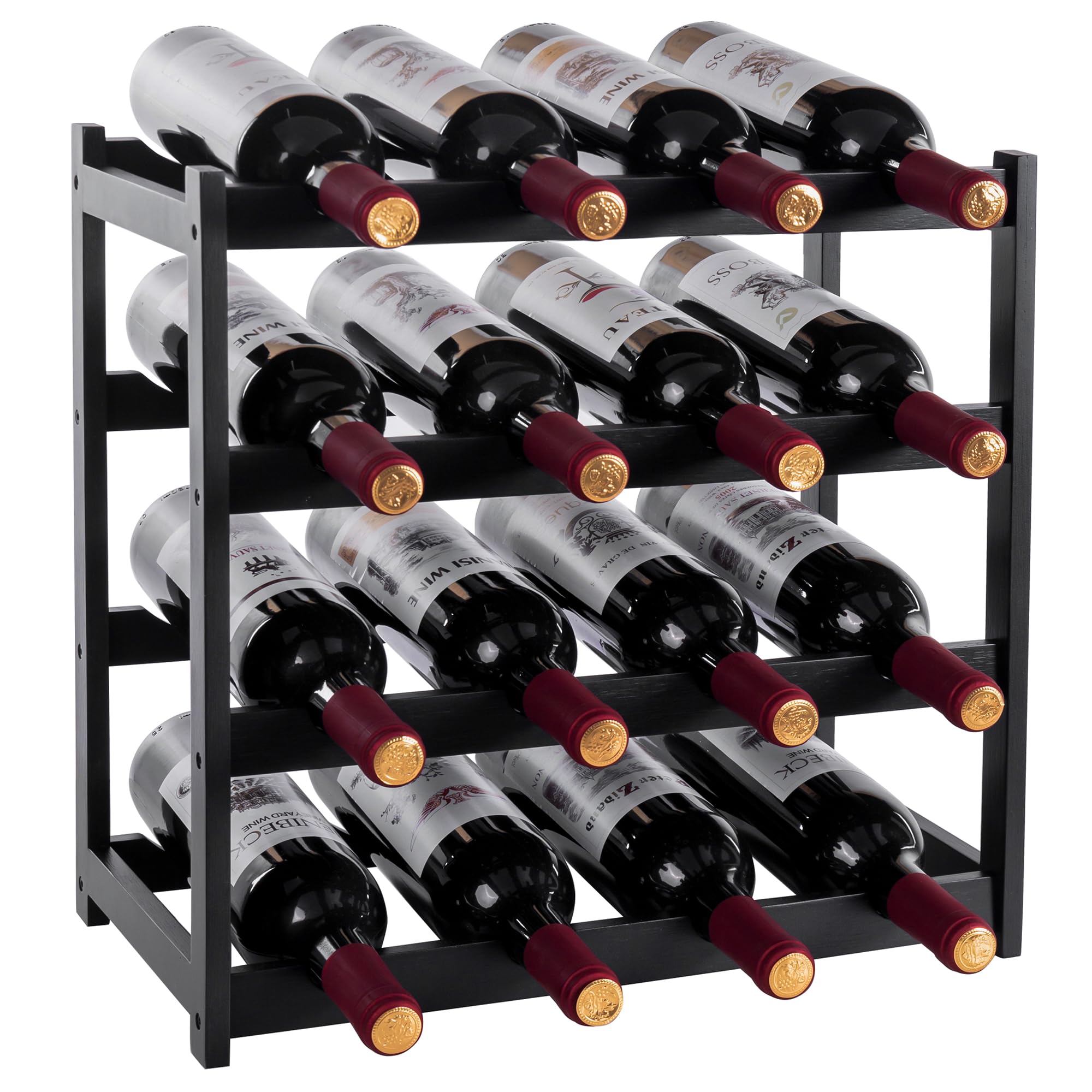 woodluv 4-Tier Wooden Wine Rack, Wine Holder, Compact Wine Storage Stand, Wooden Wine Organizer for Kitchen, Bar, or Countertop, Stylish Wine Holder with Easy Assembly, Black