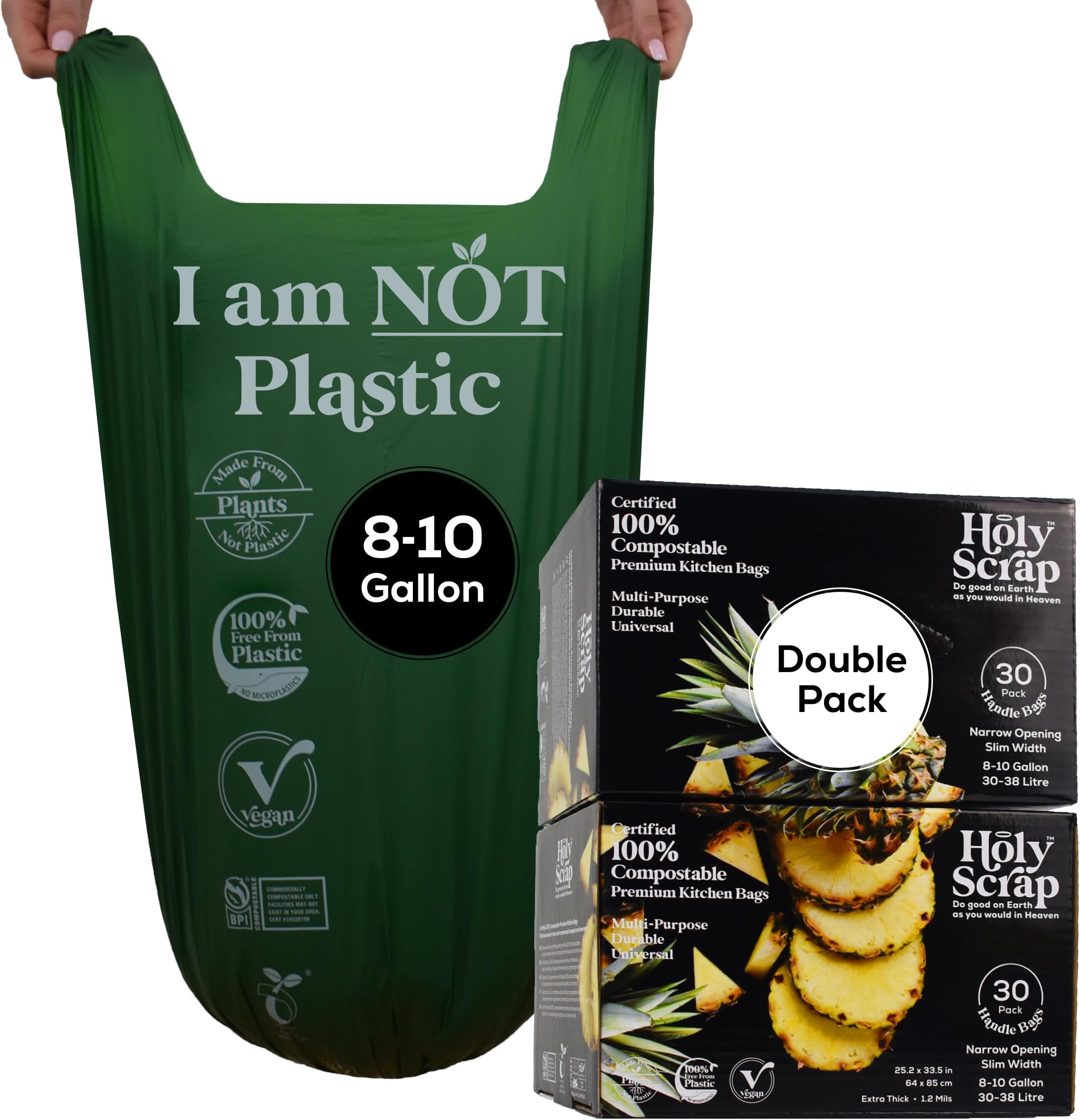 Large Slim Compostable Trash Bags - 8-10 Gallon, 60 Pack | Plastic-Free Tall Kitchen Garbage Bags & Liners with Easy-Tie Handles | Thick Bin Bag Liners for Green & Food Waste
