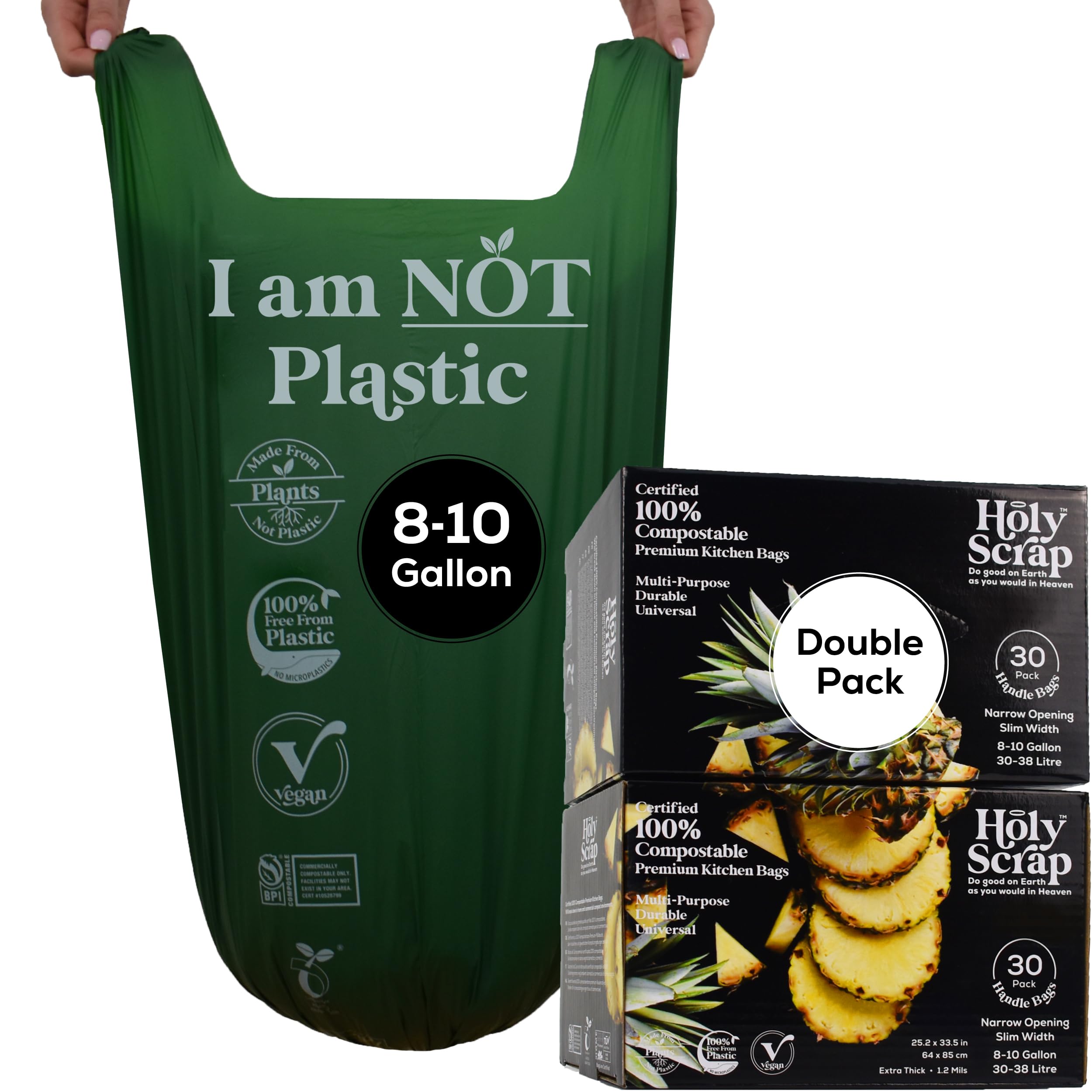 Large Slim Compostable Trash Bags - 8-10 Gallon, 60 Pack | Plastic-Free Tall Kitchen Garbage Bags & Liners with Easy-Tie Handles | Thick Bin Bag Liners for Green & Food Waste