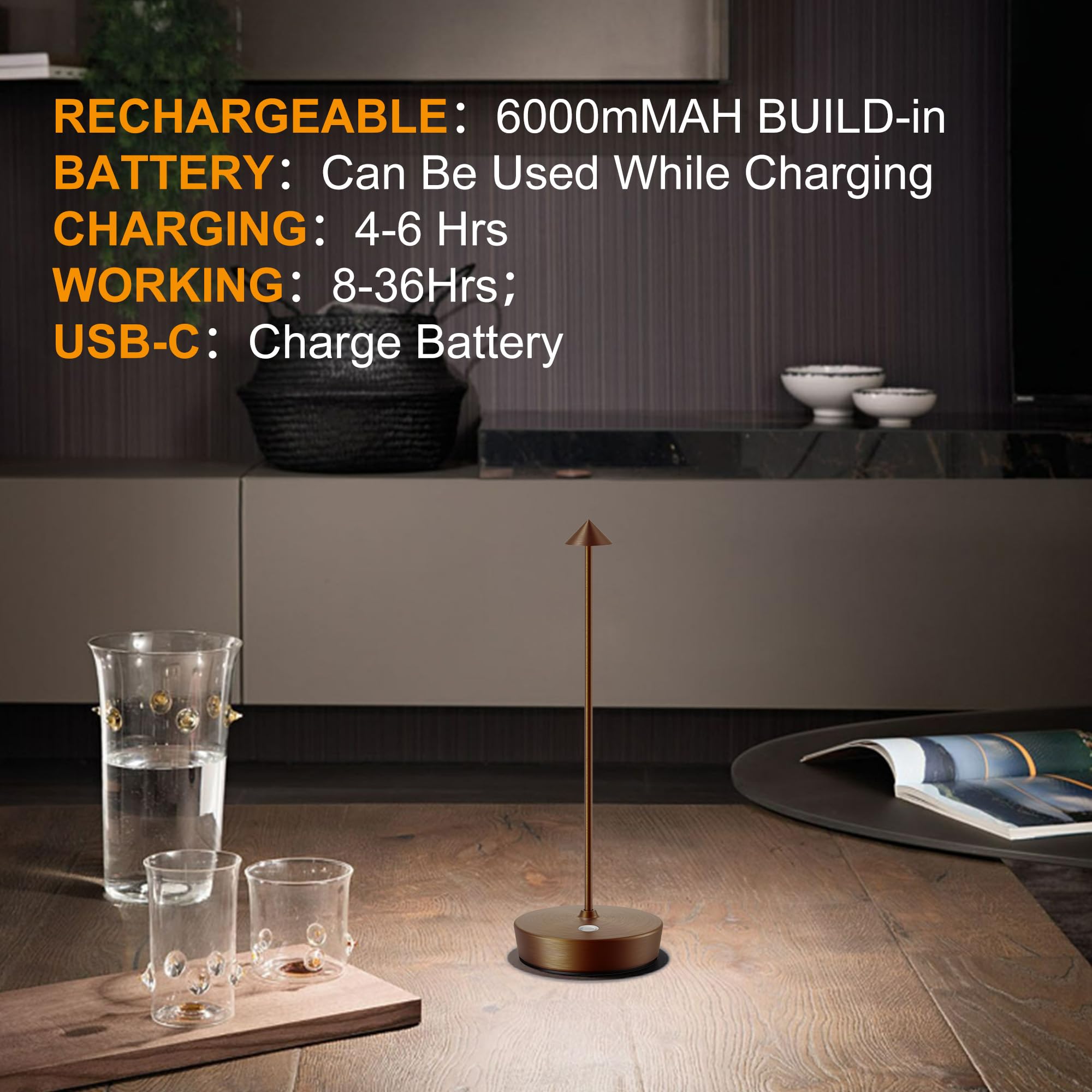 SAKRINGT Paquete de 2 lámparas de mesa inalámbricas recargables, 6000 mAh, funciona con pilas, impermeable, atenuación continua, moderna, portátil, luz de mesa LED para restaurante, comedor, patio al