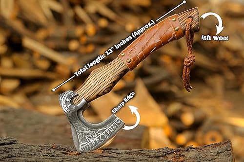 Miniatura 4 de Hachas vikingas de 13 pulgadas con mango de madera de fresno y hachas con envoltura de cuero, hacha de división de madera, hacha de campamento,