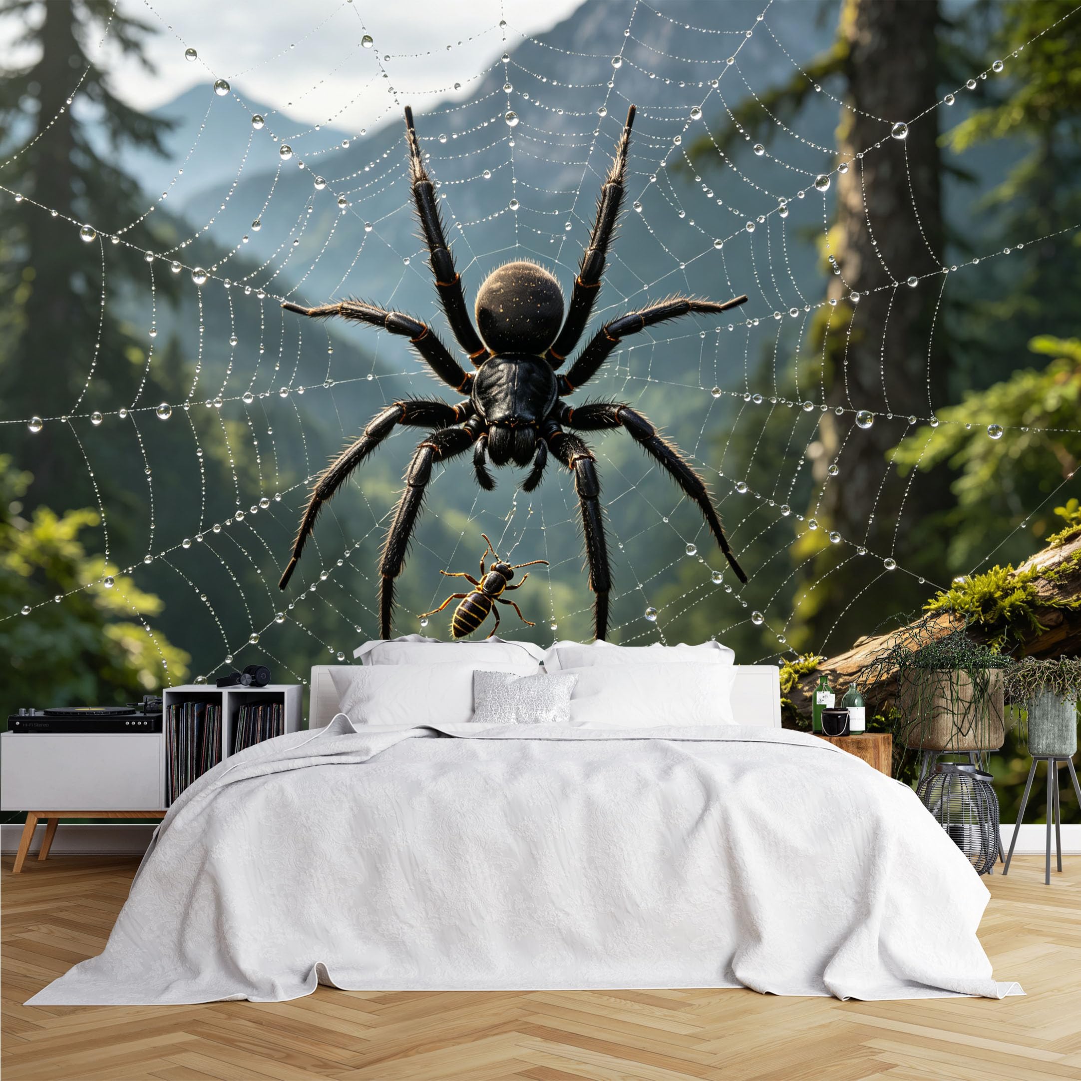 Lcythiazole Ch260615089 Custom Size Wall Murals Spider Dew Web Forest Scene Wall Murals Realistic Wildlife Wallpaper Wall Stickers Self-Adhesive Removable Wallpaper For Garage Game Room