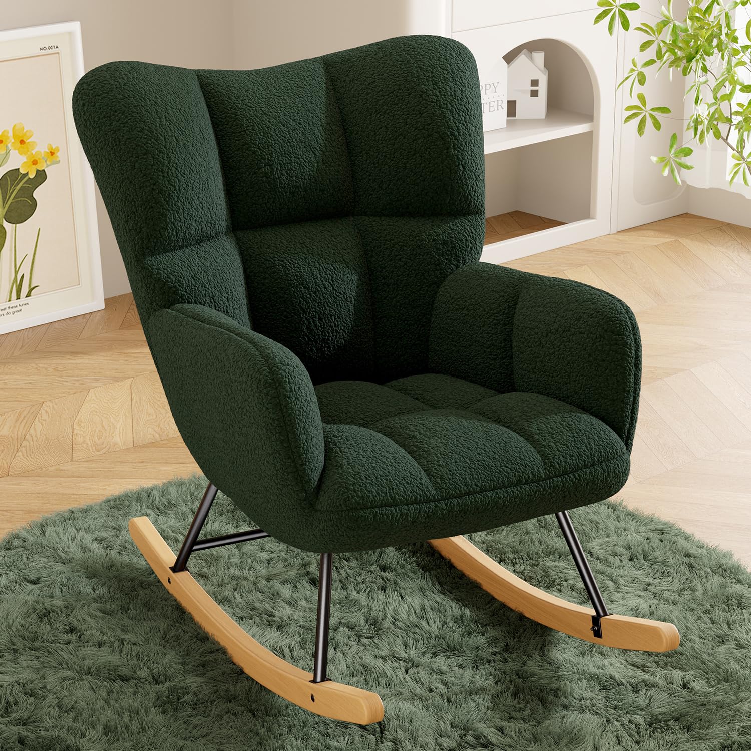 Hawthyhome Schaukelstuhl Relaxstuhl Sessel Stuhl Wohnzimmersessel, Schaukelsessel Gepolsterter Schwingsessel bis 136 kg belastbar Dunkelgrüne Lounge Chair fürs Wohnzimmer Schlafzimmer Balkon