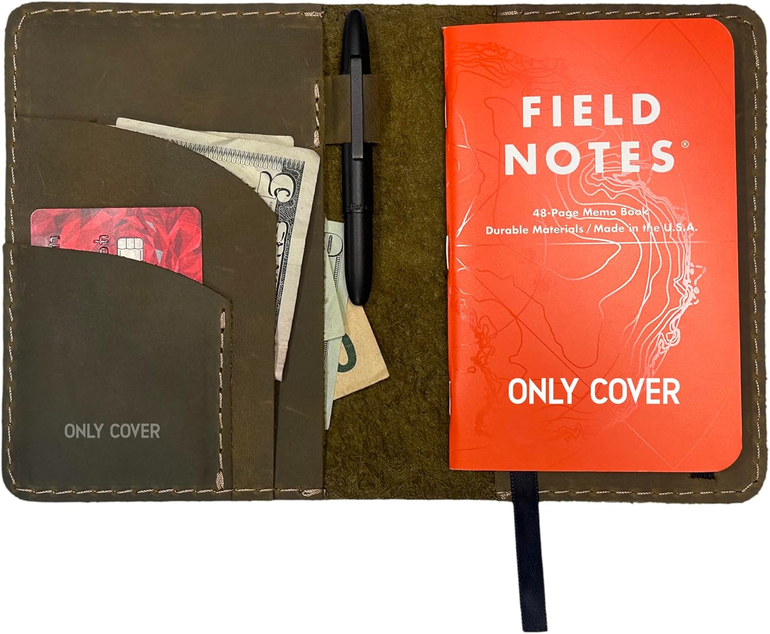 Leather Cover for Field Notes & Passport, 3.5" x 5.5" with Pen Holder (Moss Green)