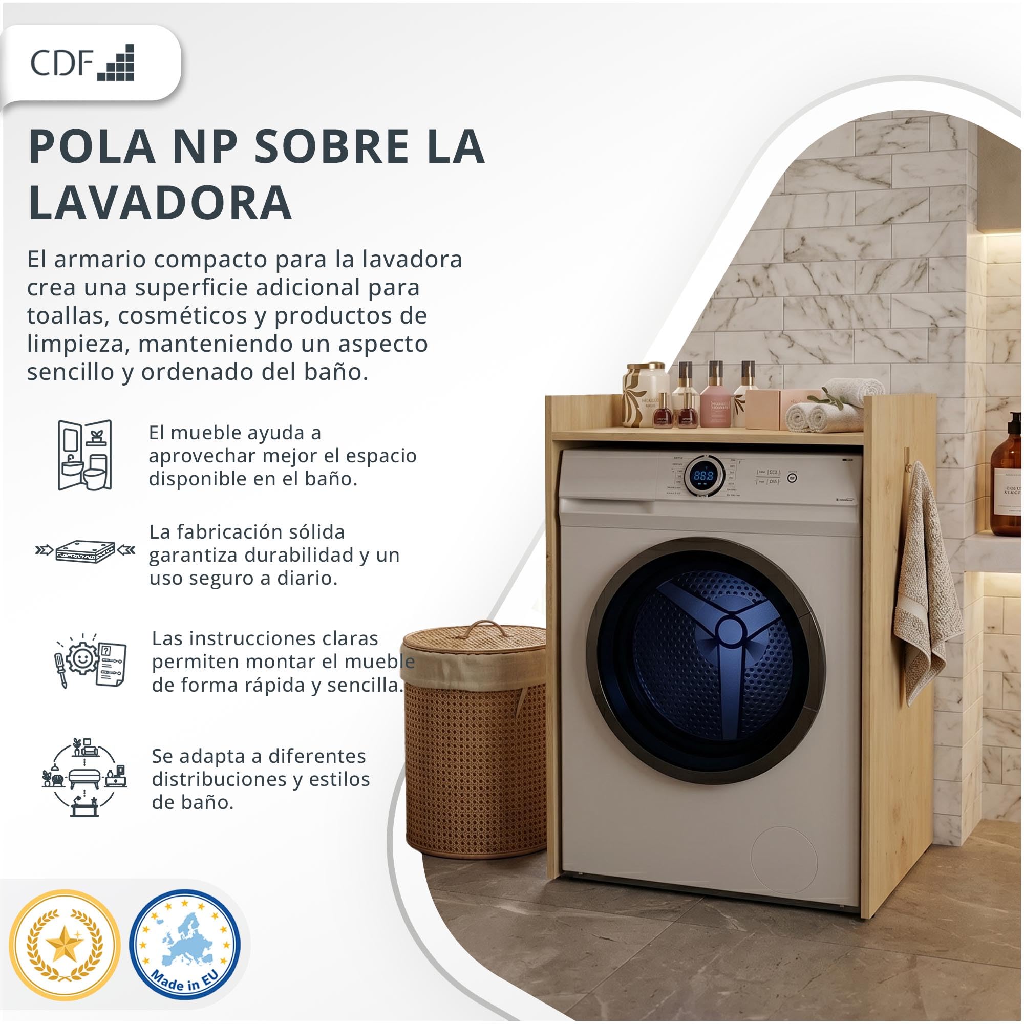 CDF Estantería sobre Lavadora Mueble de Baño Salvaspazio con Estante de Almacenamiento Estructura de Pie para Lavandería 64 x 97,5 x 50 cm - Roble Artisan