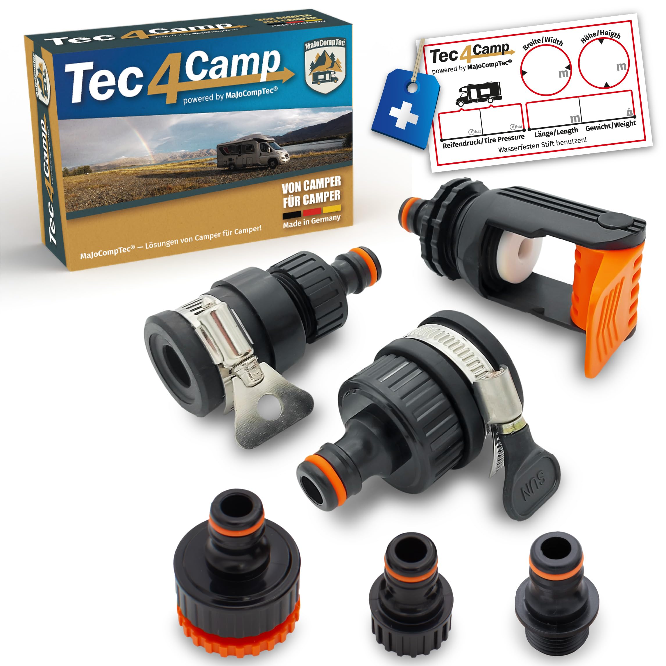 MaJoCompTec® ALLCONNECT Kit de raccordement universel pour robinet extérieur réglable sans filetage pour camping-car, caravane, bateau (kit de vol d'eau