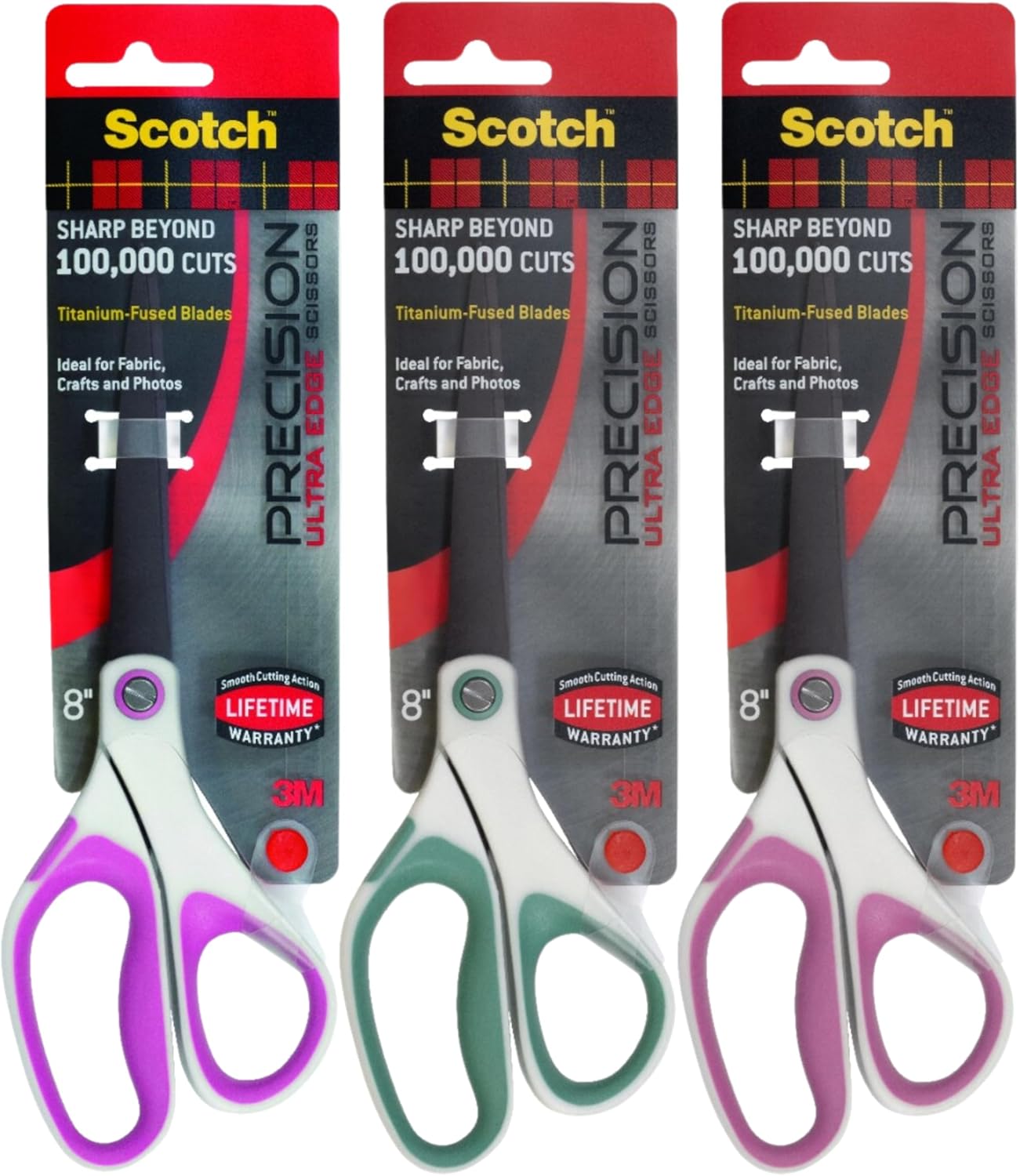 Scotch Precision Ultra Edge Titanium-Fused Scissors, 8-Inch (3-Pack), Ultra Sharp Blades, Comfort Grip Handles, All-Purpose for Home, Office, Classroom and Crafting