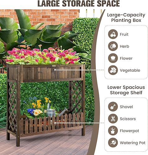 Miniatura 7 de S AFSTAR Cama de jardín elevada de 2 niveles, cama de flores para interiores y exteriores con valla de estante inferior, caja elevada de madera de