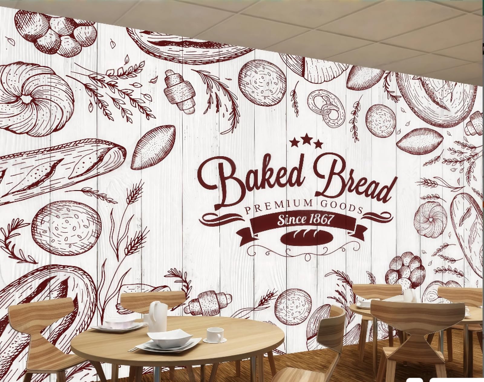 rskjdghshd Wallpaper Fashion Wooden Board Hand-Painted Graffiti Art Bakery Drink Burger Shop Bar Background Wall Western Restaurant Wallpaper Cafe Mural,3D,250x175cm