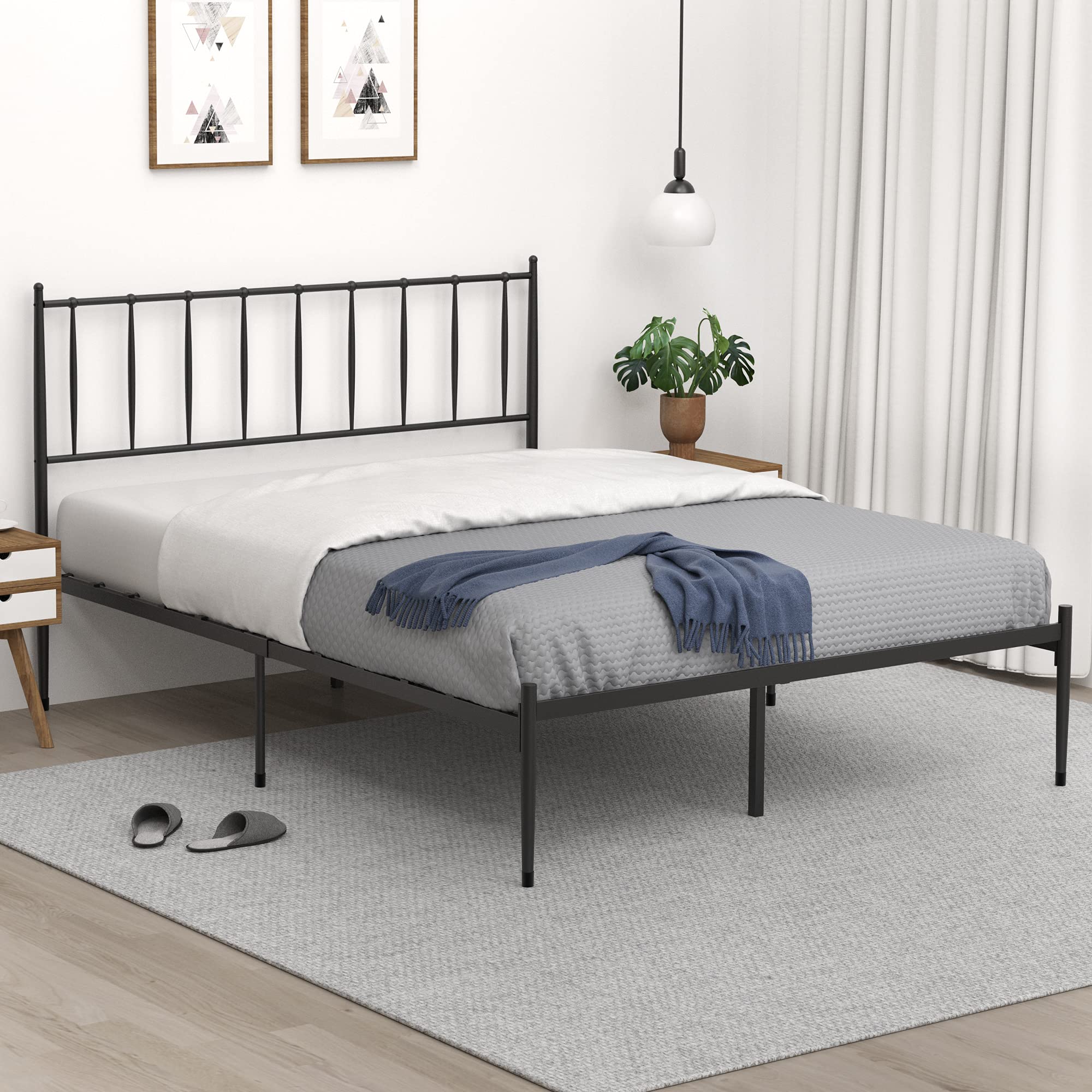 Photo 1 of **USED** IDEALHOUSE Queen Size Metal Platform Bed Frame with Headboard, Bed Frame Mattress Foundation with Slat Support and 12.3" Storage Height No Box Spring Needed for Girl Boy Adults Black Queen Black