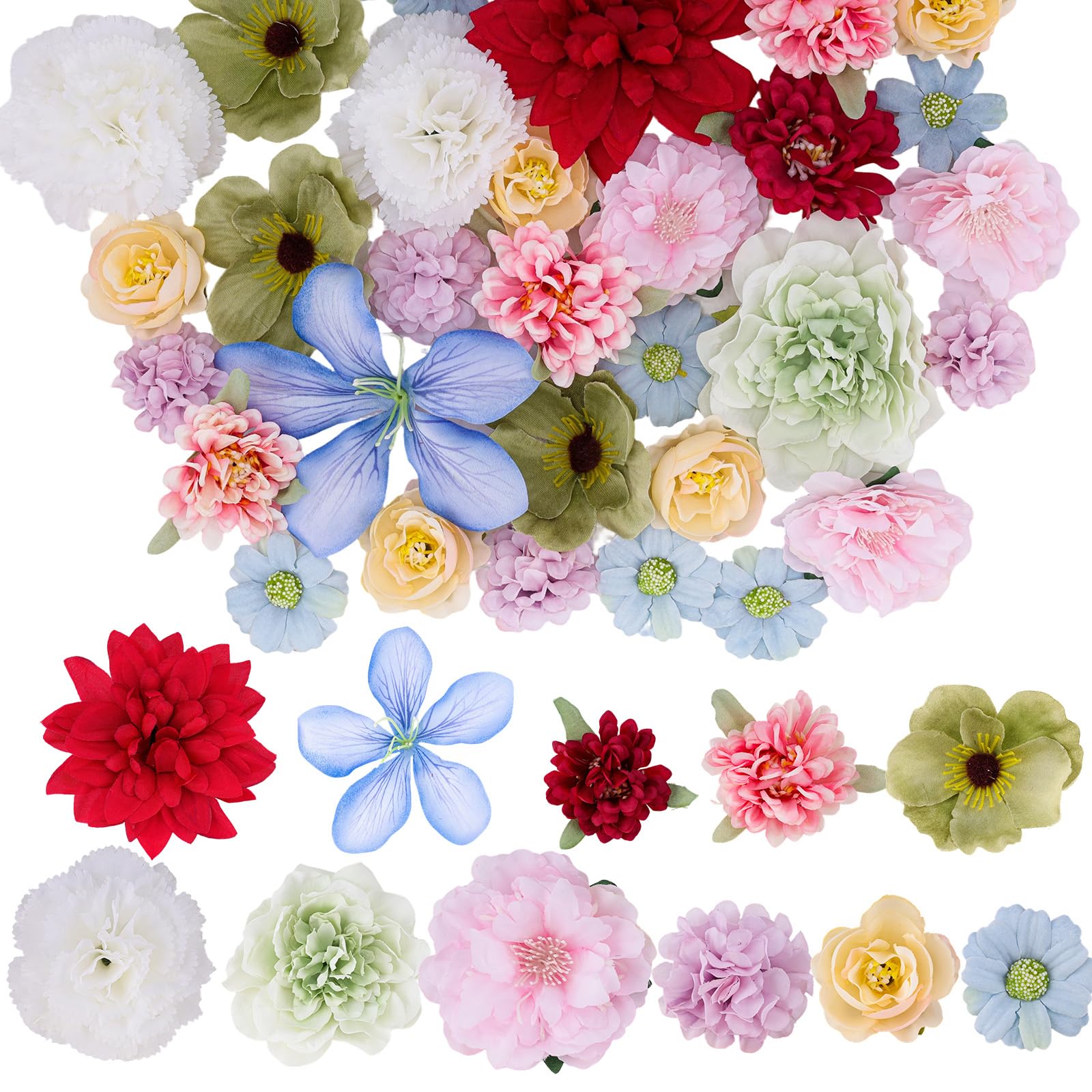 50pcs Artificial Flower Heads Mixed Color Fake Flower, Silk Craft Flowers with Realistic Petal Texture, Artificial Flowers for Party and Cake Decorations, Craft Flower for Wedding and Event (A-Multi)