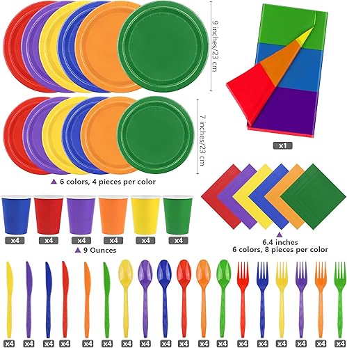 Miniatura 2 de Ruisita 193 piezas de suministros de fiesta arcoíris incluyen platos de papel desechables de postre vasos, servilletas, tenedores, cuchillos,