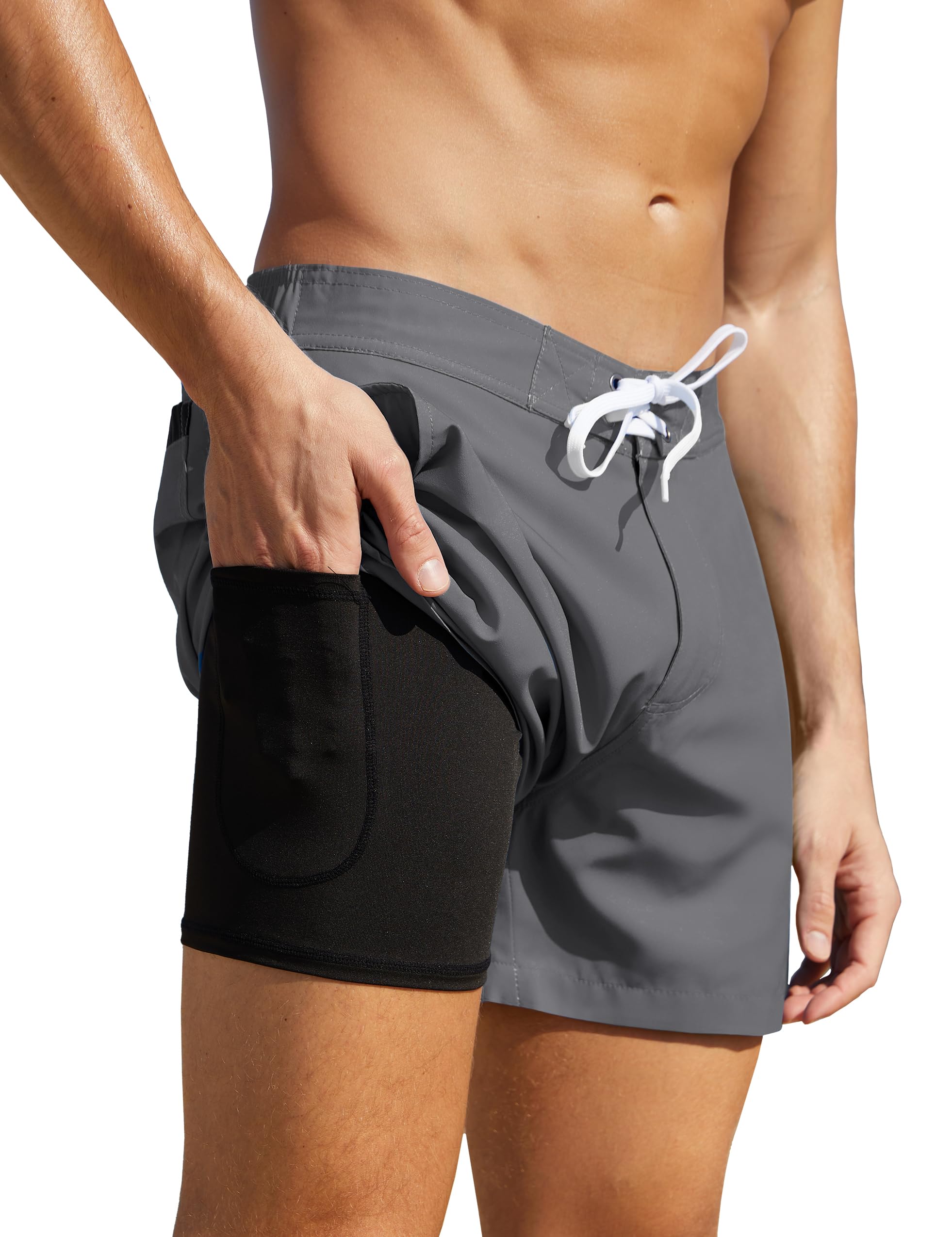 Nonwe Men's Swimming Trunks with Compression Liner Solid Holiday Short Beach Board Shorts with Drawstring