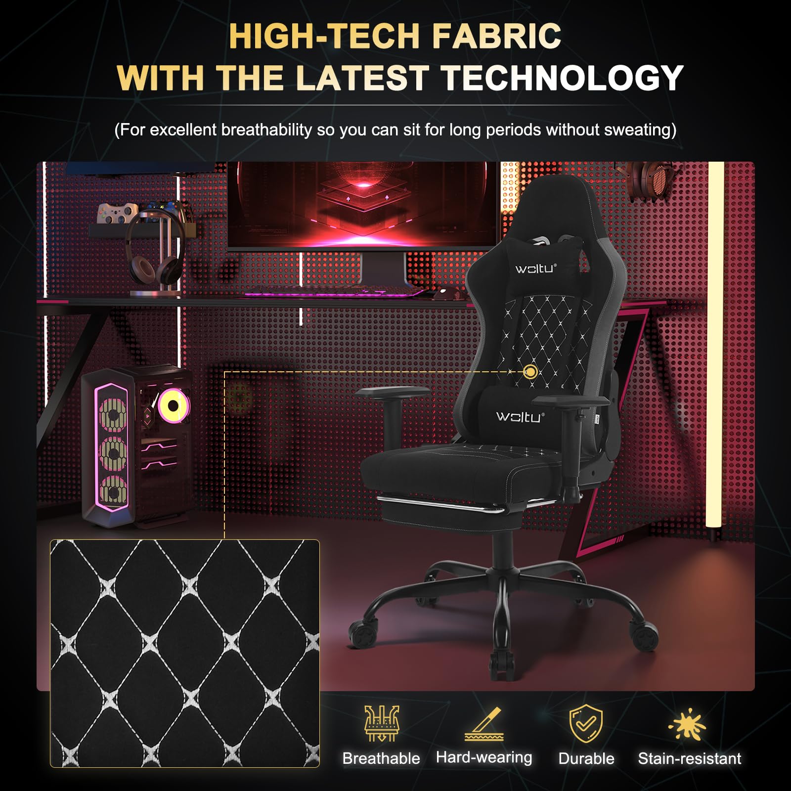 WOLTU Sedia Gaming con Massaggiatore, Poltrona Ufficio Ergonomica, Sedia da Scrivania reclinabile, Poggiatesta,Supporto Lombare, 150 kg, Tessuto tecnologico, Nero+Grigio
