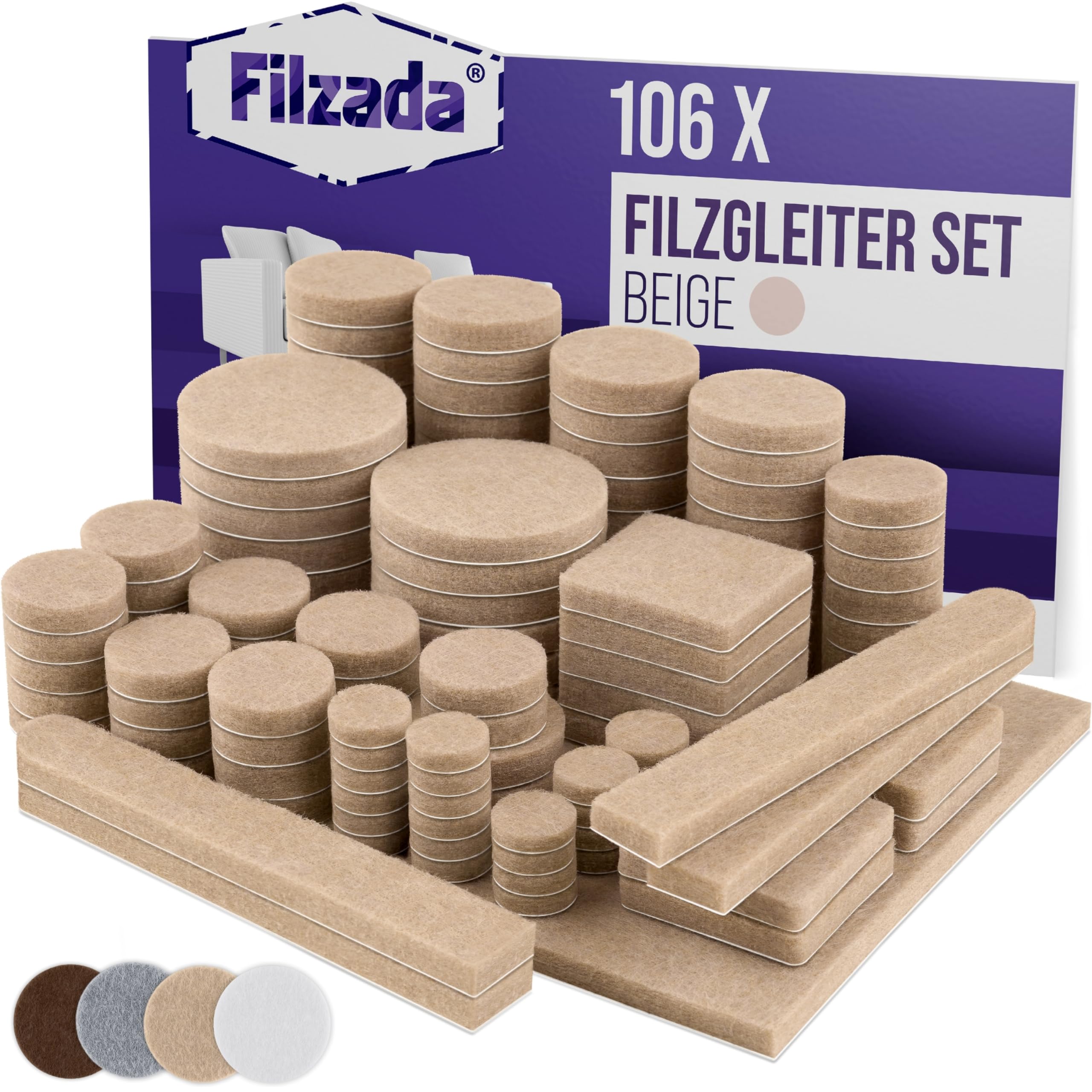 Filzada® Filzgleiter Set 106 & 156 Stück Braun, Beige, Weiß - Möbelgleiter | Filzgleiter Selbstklebend, Stuhlgleiter - Bodenschutz Parkett, Laminat, Fliesen - starke Klebkraft - geräuscharm