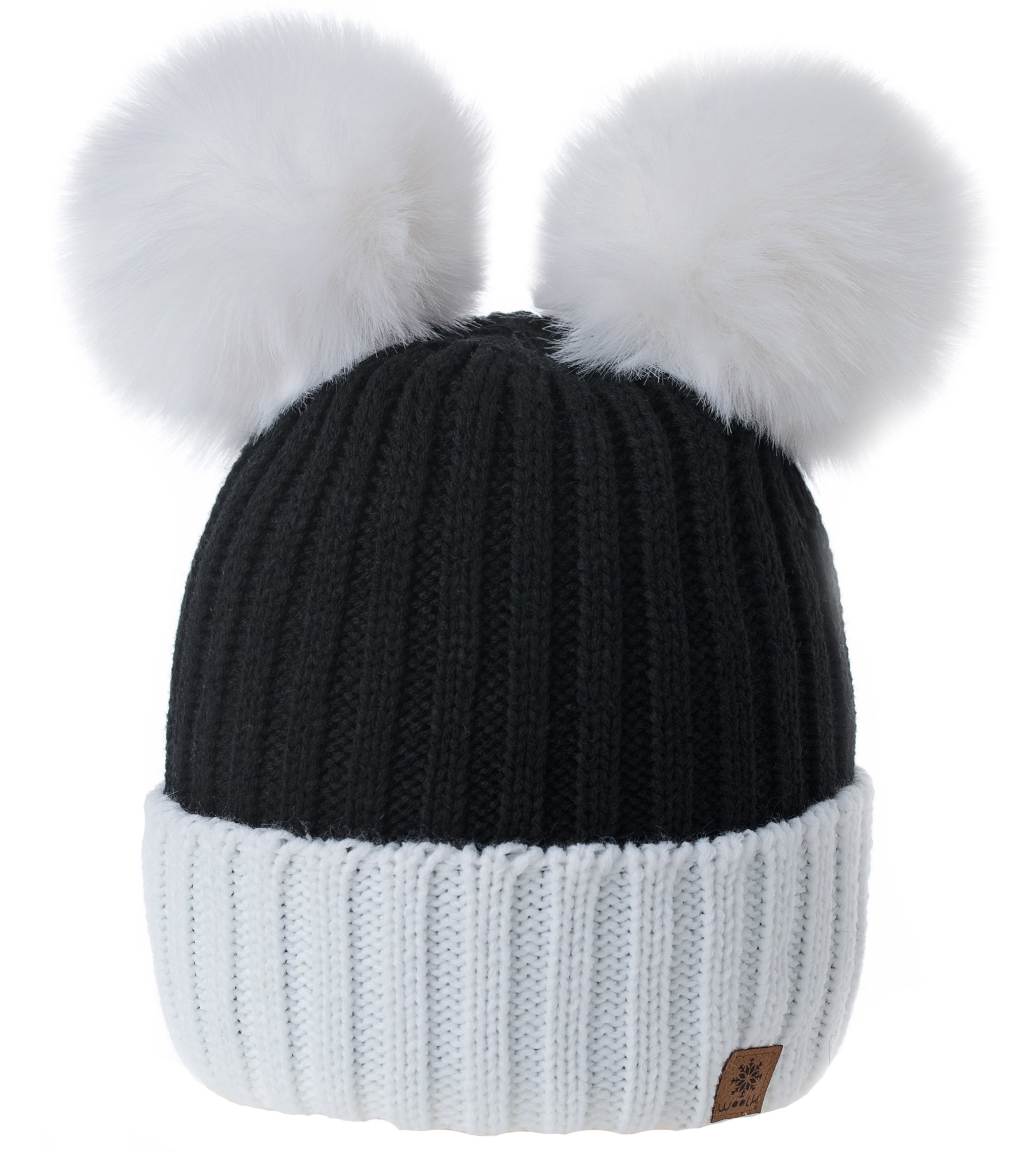Mfaz Morefaz Ltd Women's White Black Winter Beanie Hat Knitted Chunky With Double Faux Fur Pom Pom (White Black)