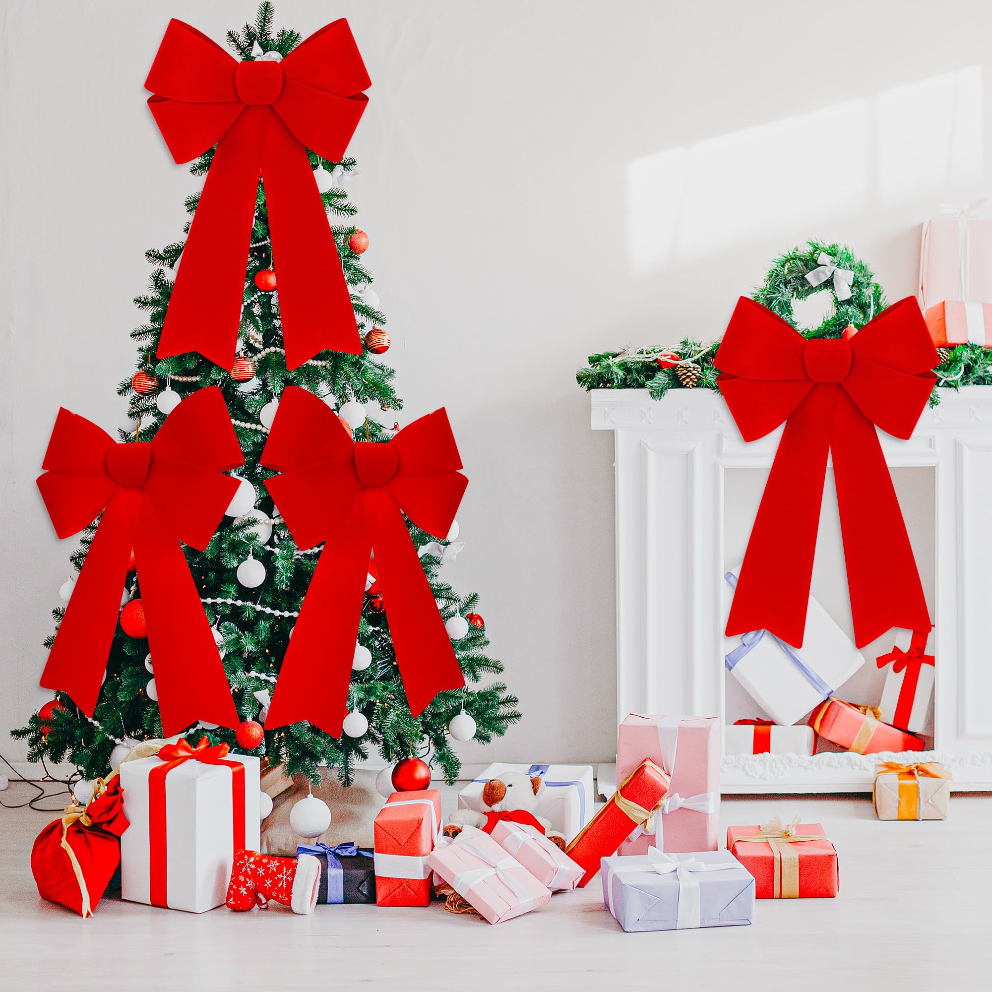 8 piezas de decoraciones de Navidad, lazos rojos de Navidad de 12 x 18 pulgadas, lazos de Navidad grandes de PVC de terciopelo rojo para colgar en exteriores, interiores, decoración de fiesta para