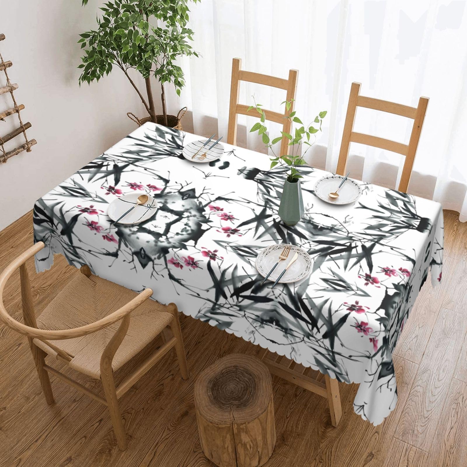 HLSBSSL Bamboo Cherry Blossom Patterned square lace tablecloth, wrinkle-resistant and durable, suitable for dining tables, parties, etc.