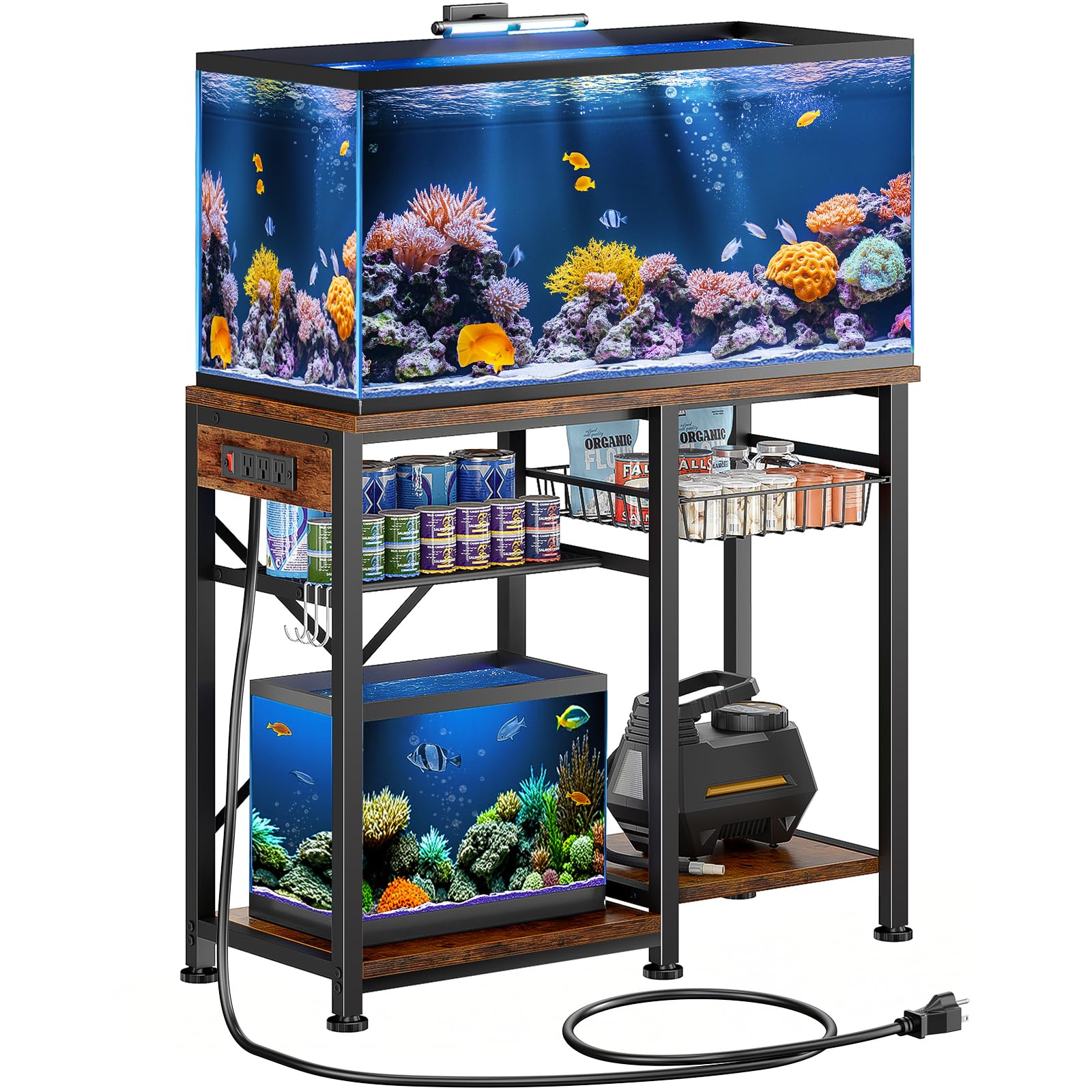 Kalrin 20-29 Gallon Aquarium Stand with 6 ft Power Strip, 5-Tier Metal Frame Fish Tank Stand 20 Gallon Fish Tank Stand 31.5" L*15.75" W Tabletop 400lbs Capacity (Vintage Brown, 20-29 Gallon)