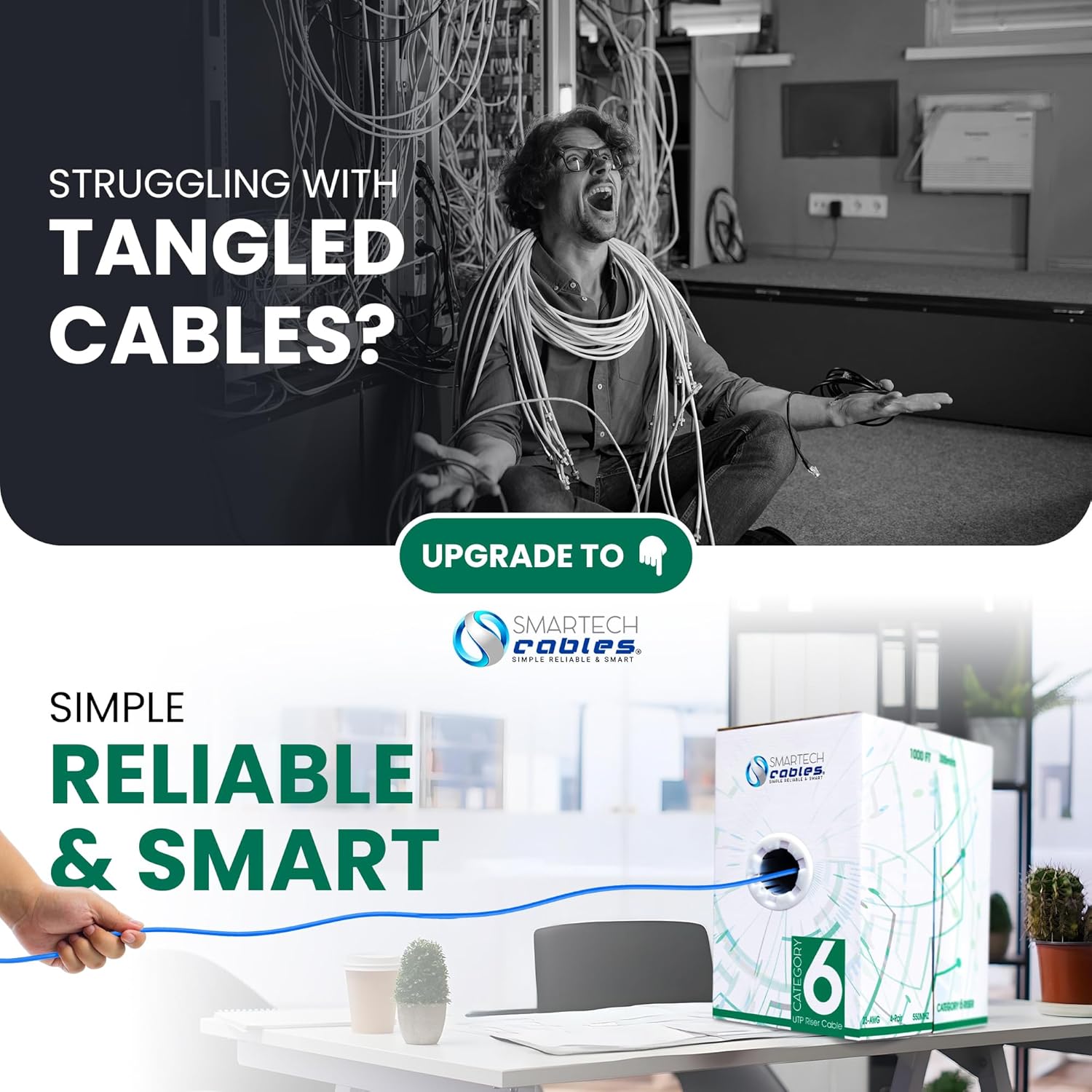 Smartech Cables CAT6 Bulk Riser Ethernet Cable 1000ft (CMR) | 10Gbps, 23AWG, UTP 4 Pairs, 550MHz | High-Speed LAN Cable for Streaming, Gaming, Home, Office | Easy Pull Box (Blue)